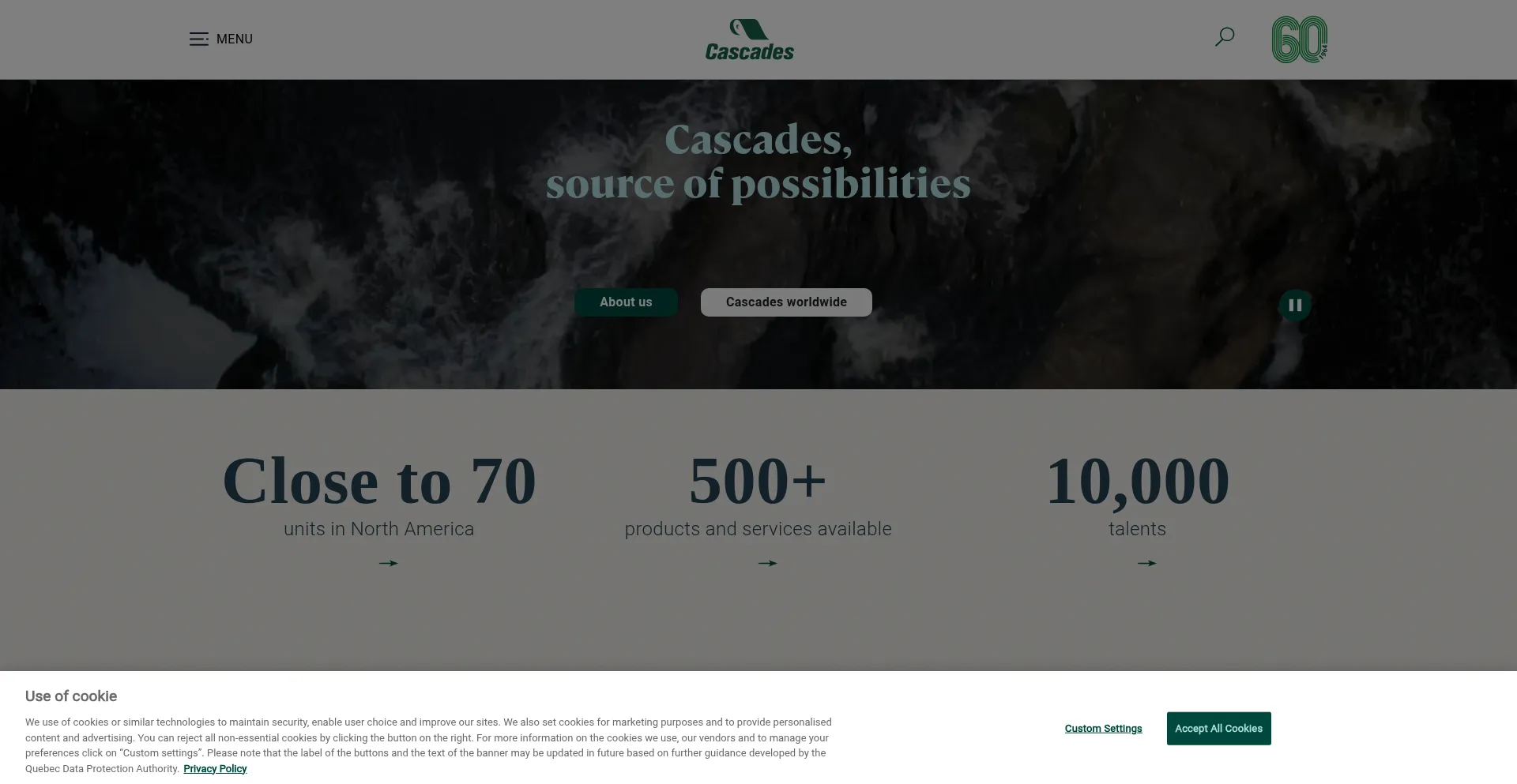 Website screenshot of Cascades.com
