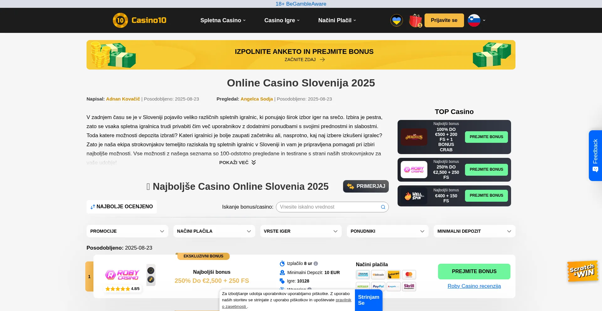 Website screenshot of Casinoslovenija10.com
