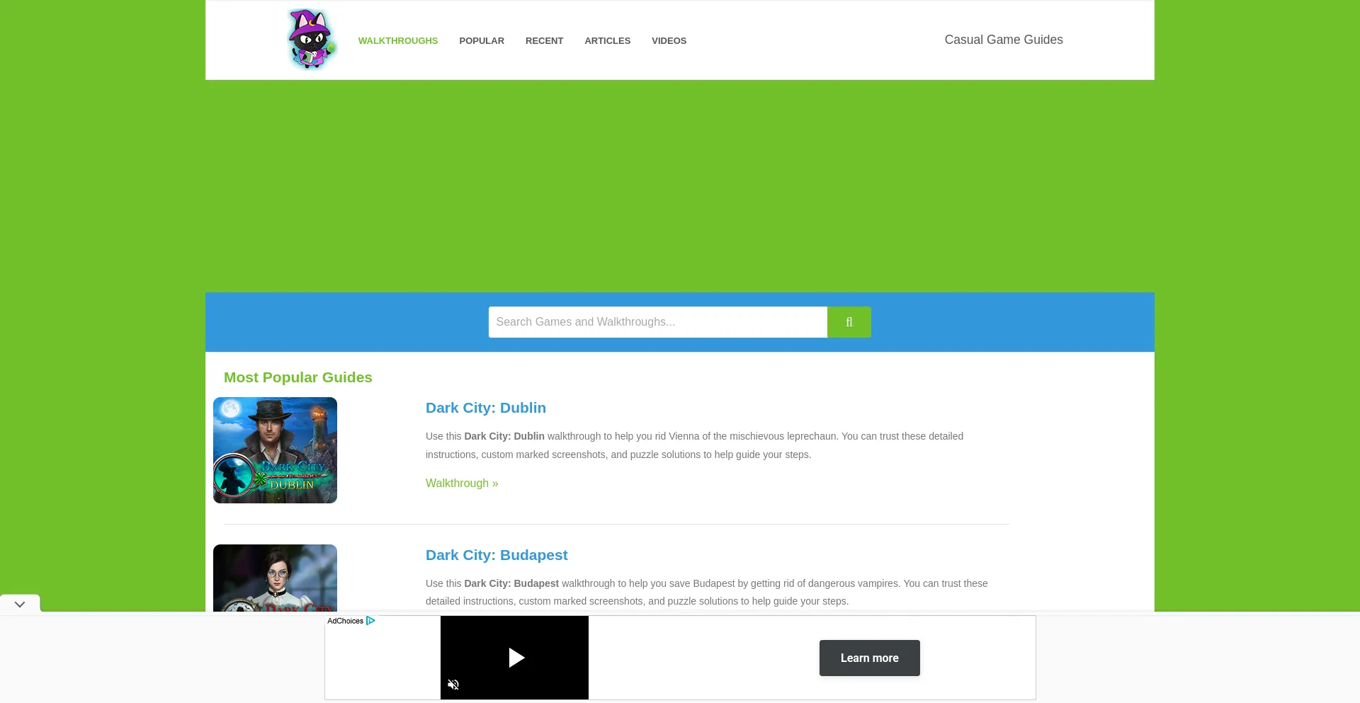 Website screenshot of Casualgameguides.com