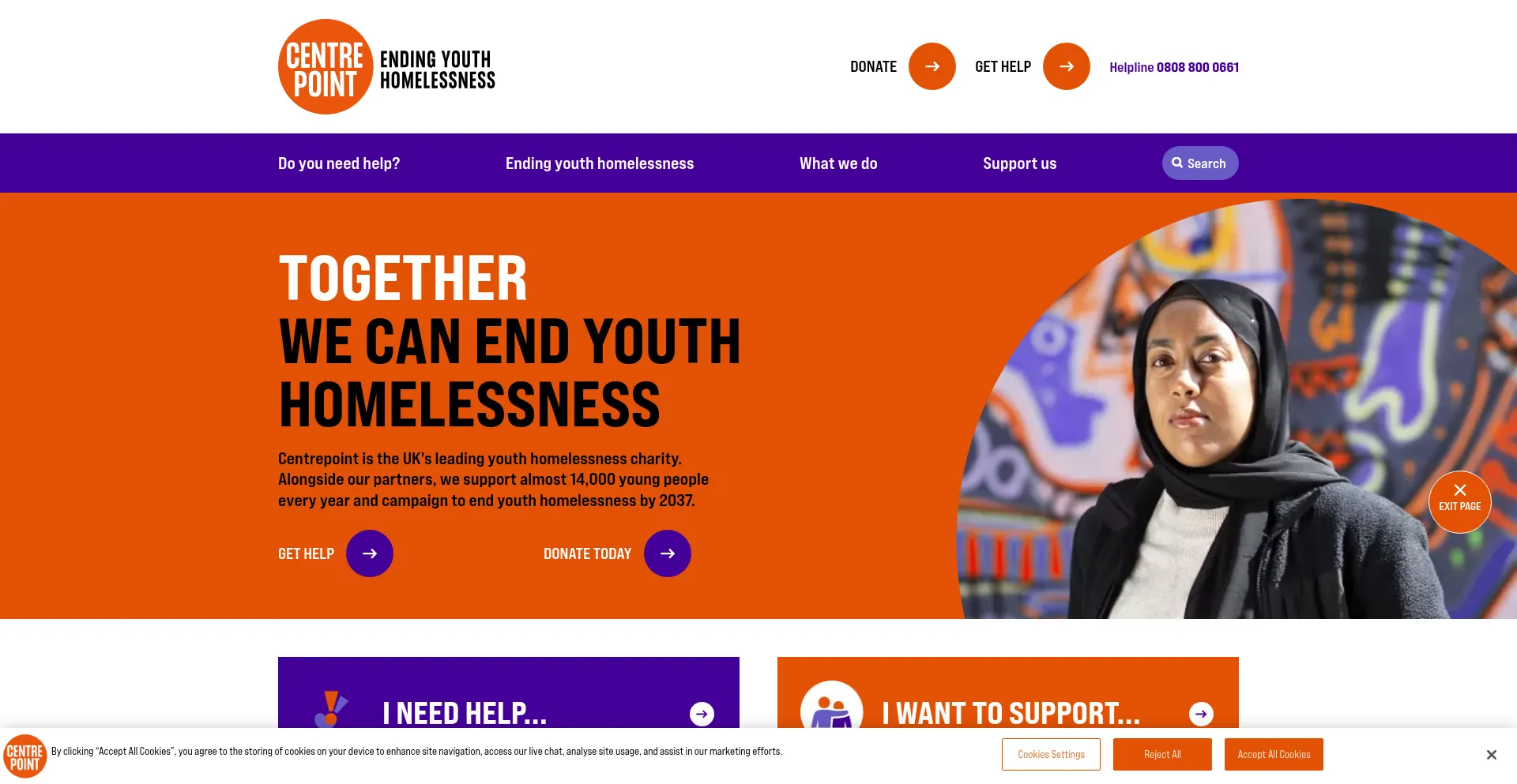 Website screenshot of Centrepoint.org.uk