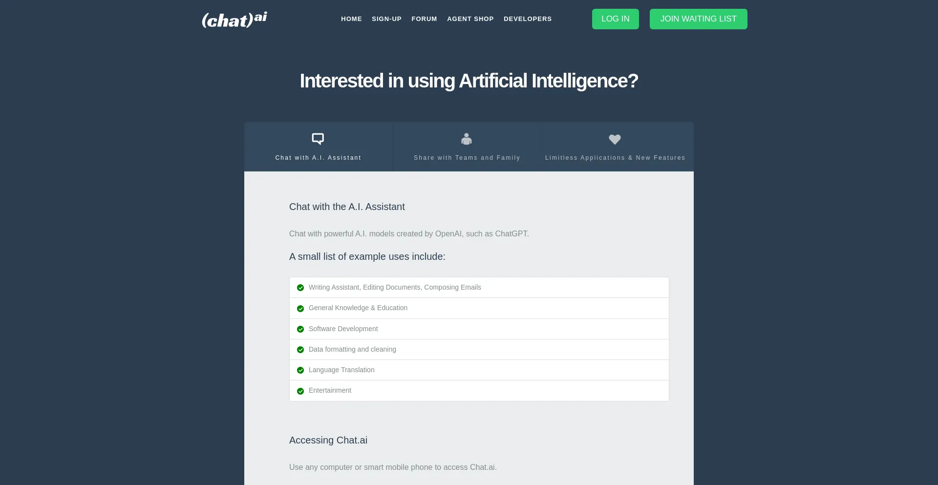 Website screenshot of Chat.ai