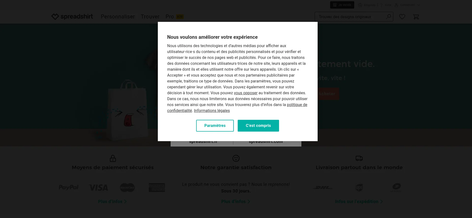 Website screenshot of Checkout.spreadshirt.fr