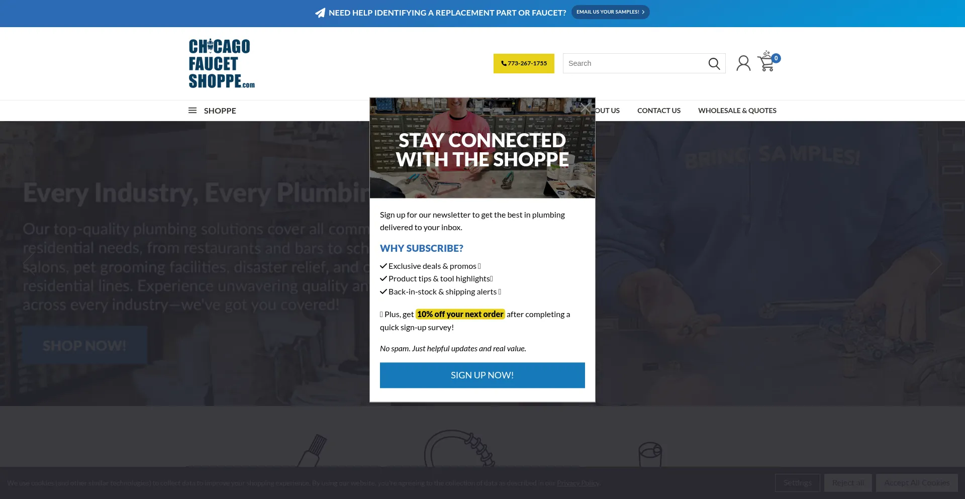 Website screenshot of Chicagofaucetshoppe.com