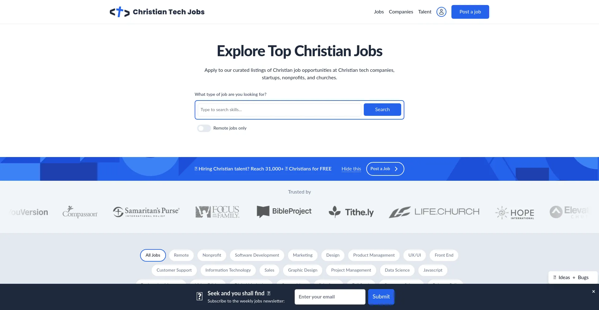 Website screenshot of Christiantechjobs.io