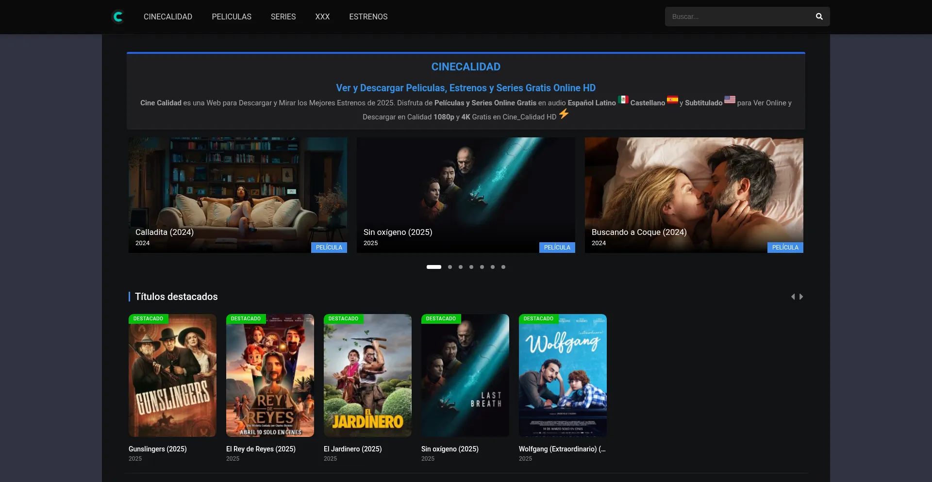 Website screenshot of Cinecalidadcine.com