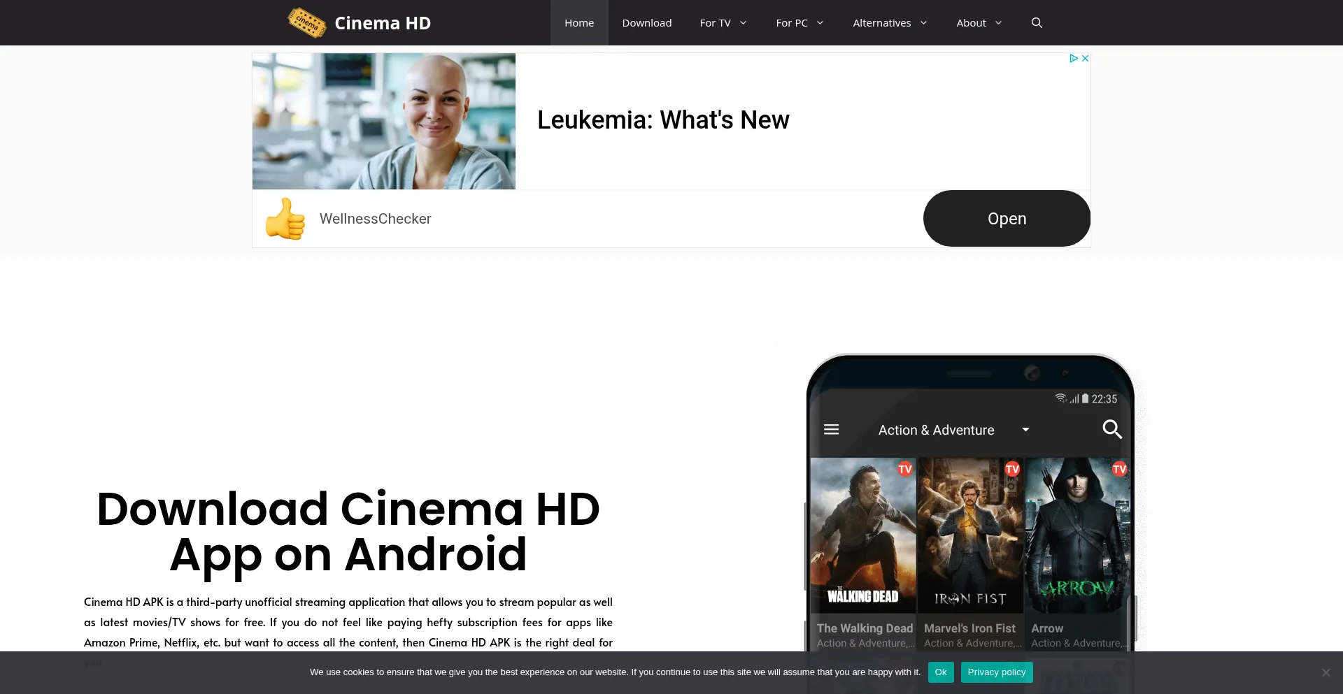 Website screenshot of Cinema-hd.app