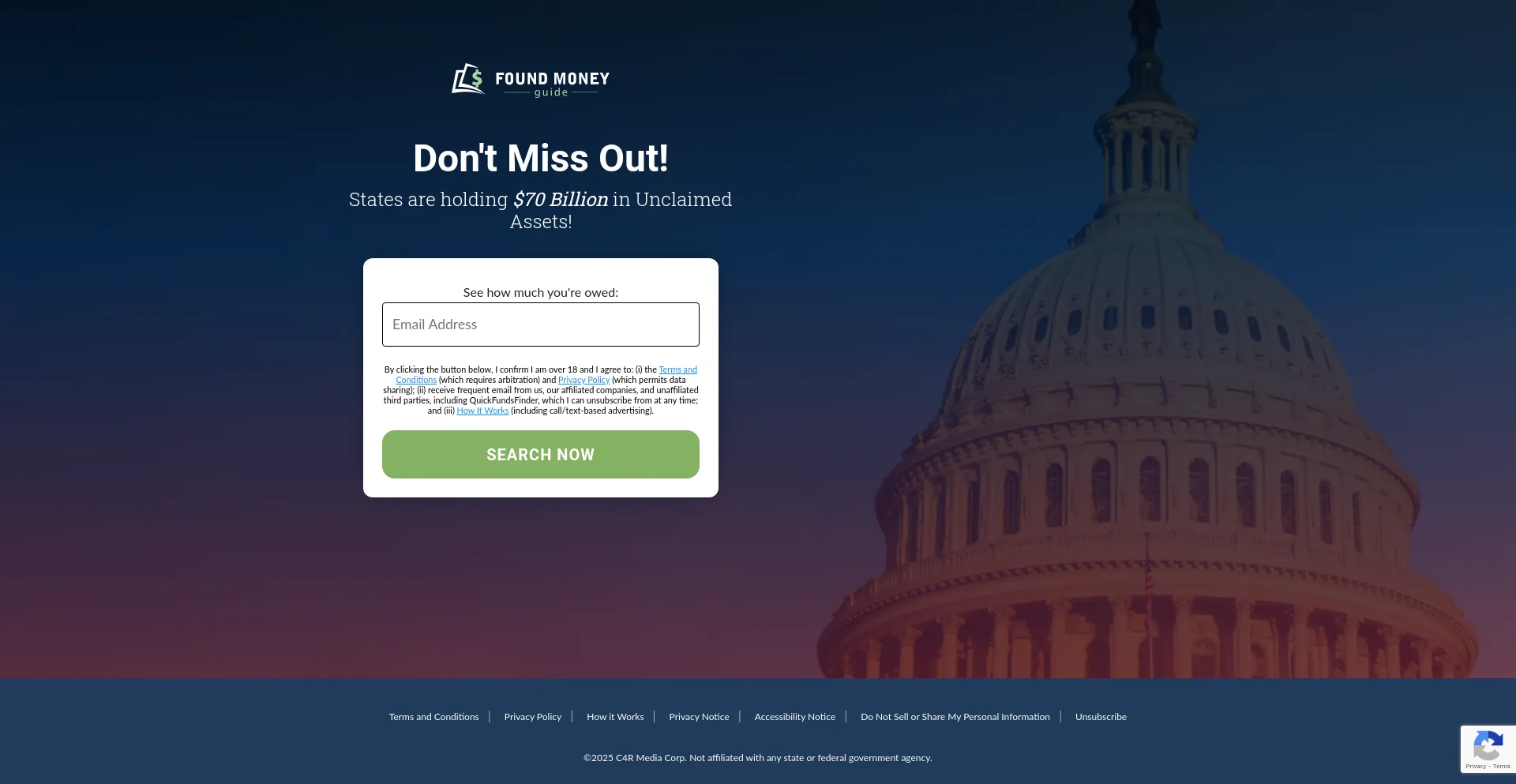 Website screenshot of Claim.foundmoneyguide.com