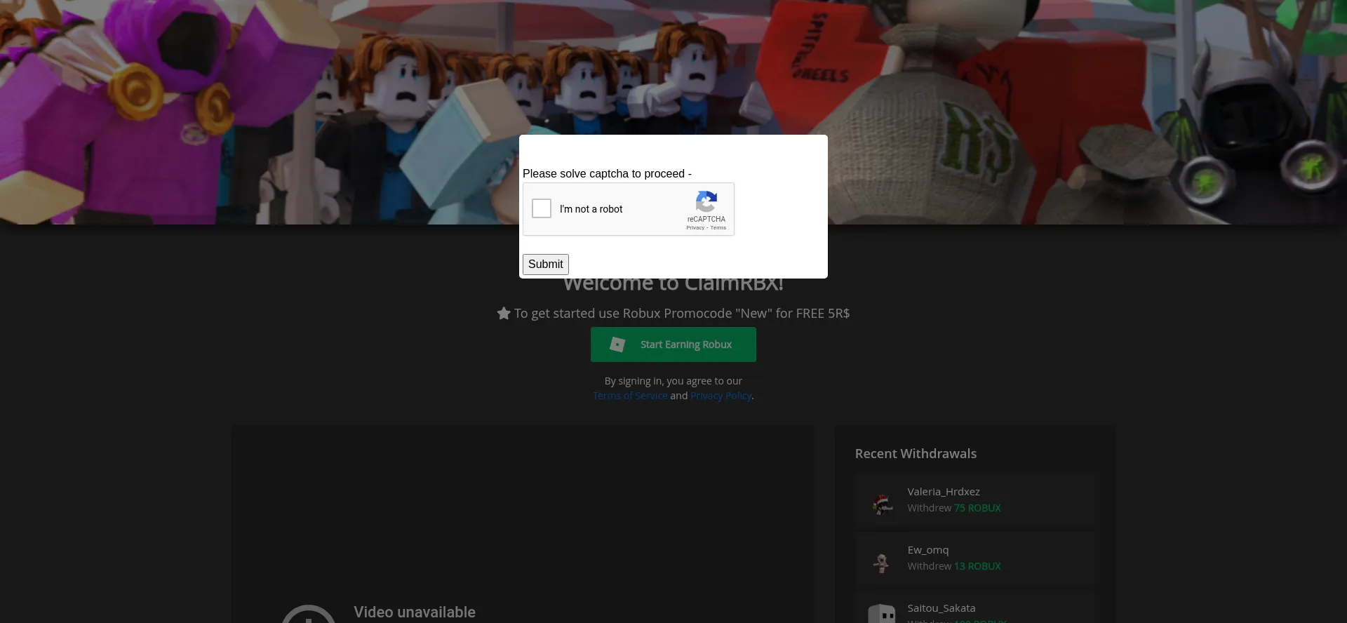 Website screenshot of Claimrbx.gg
