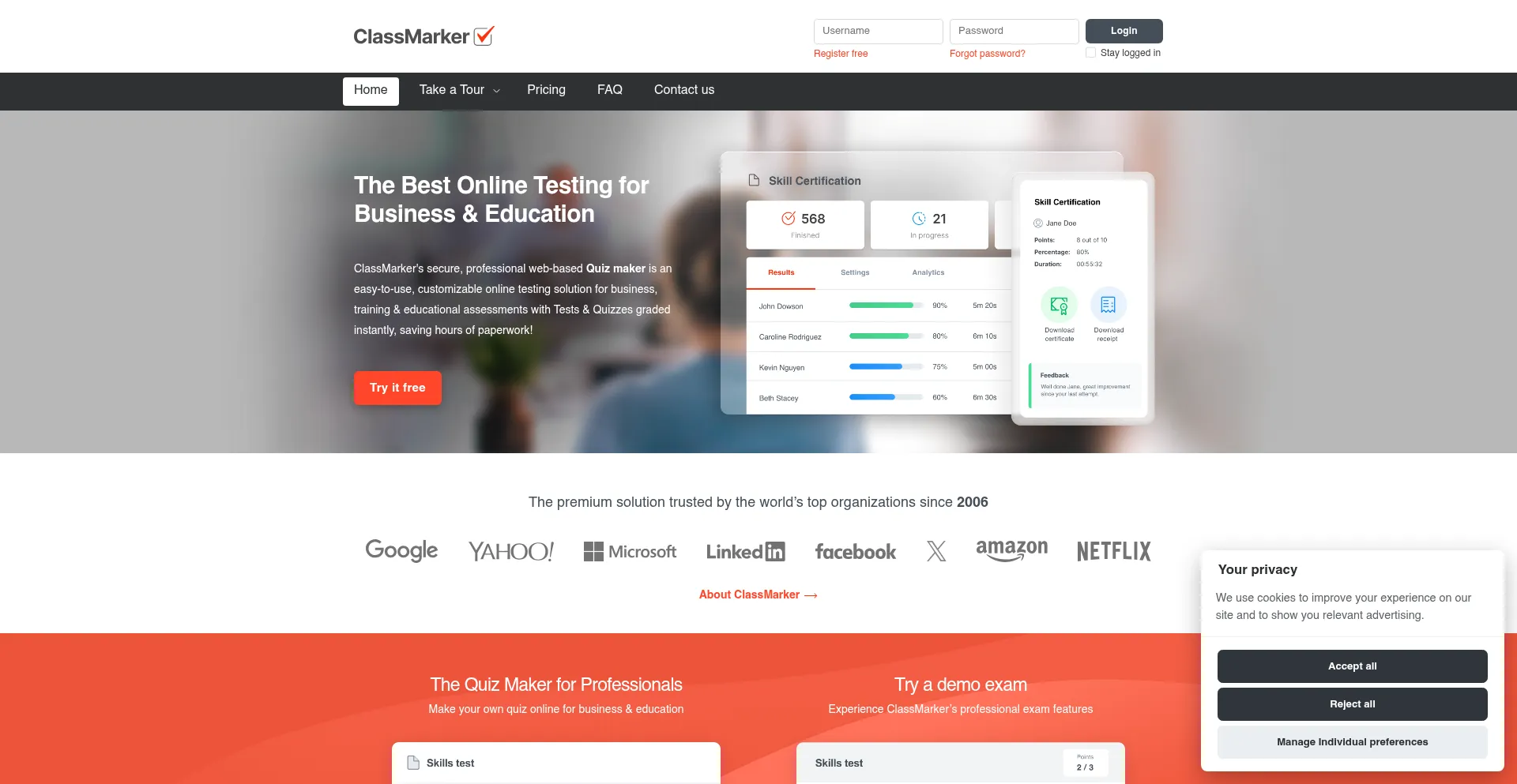 Website screenshot of Classmarker.com