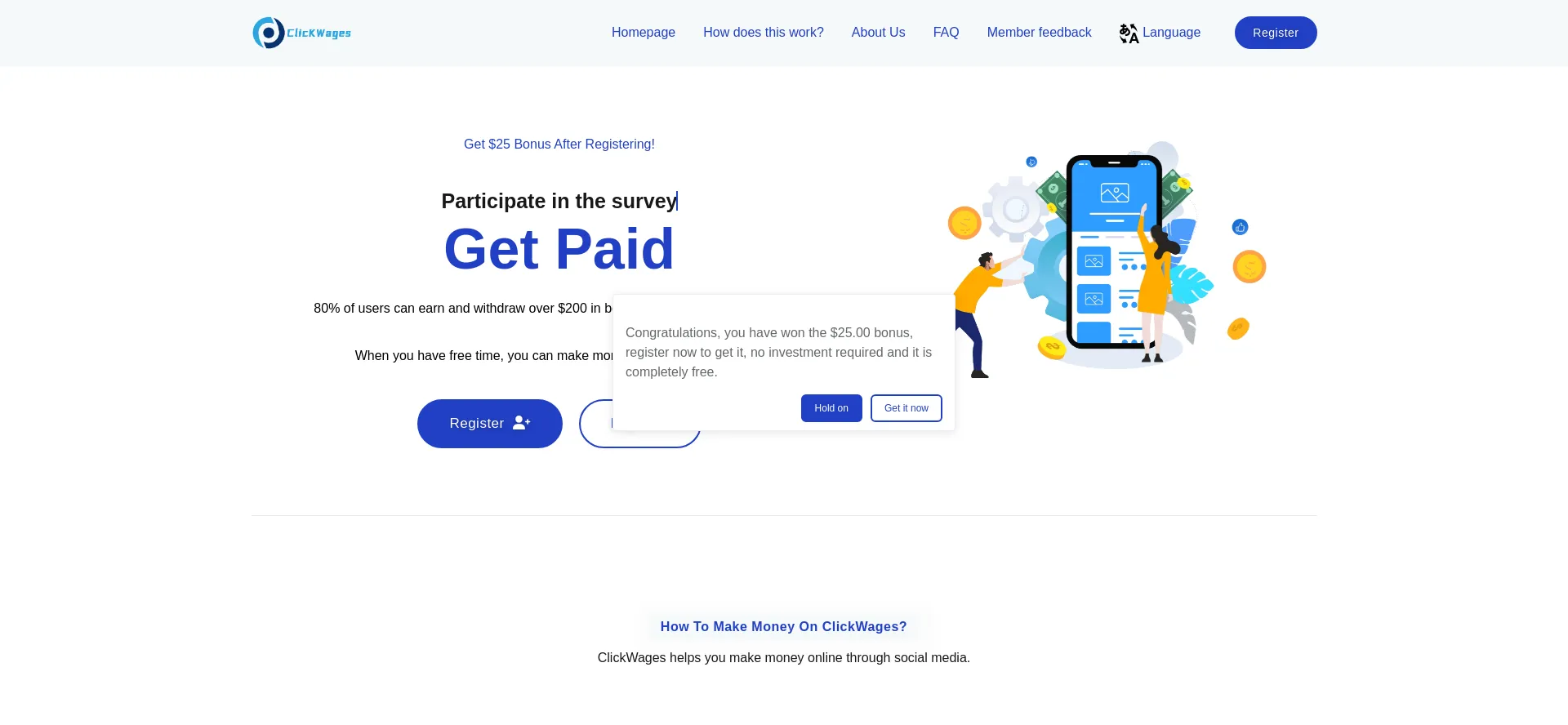 Website screenshot of Click4ebwages.buzz