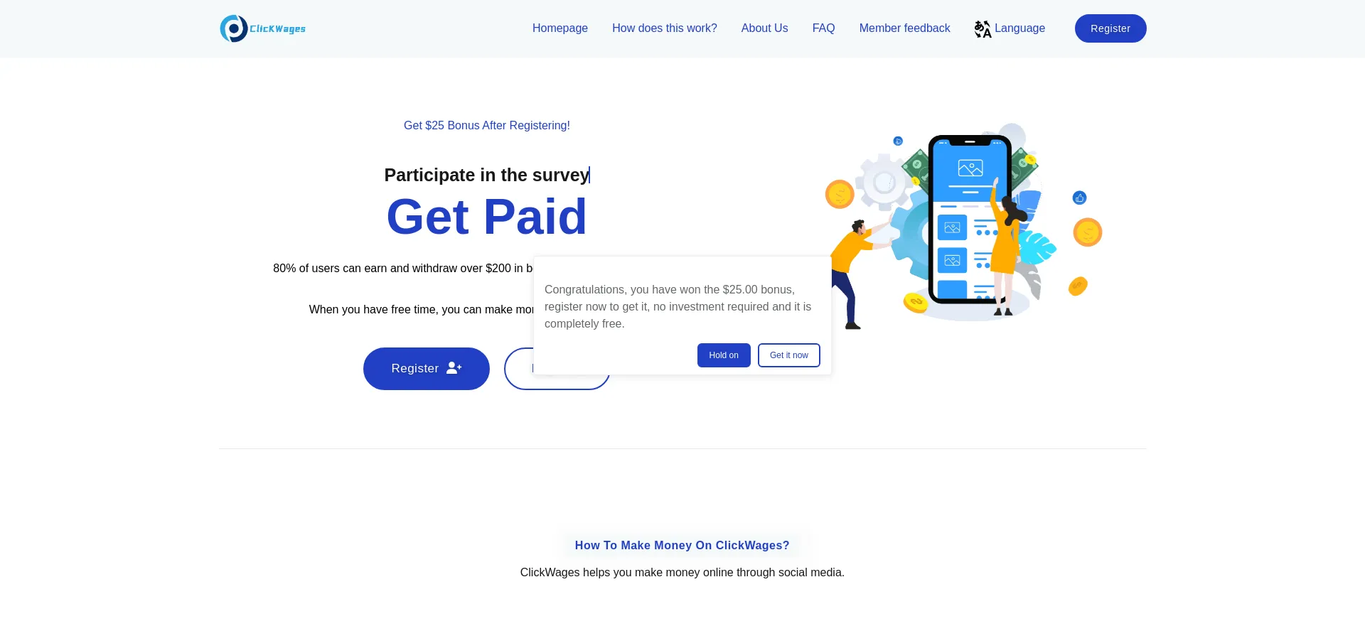 Website screenshot of Click4lewages.buzz