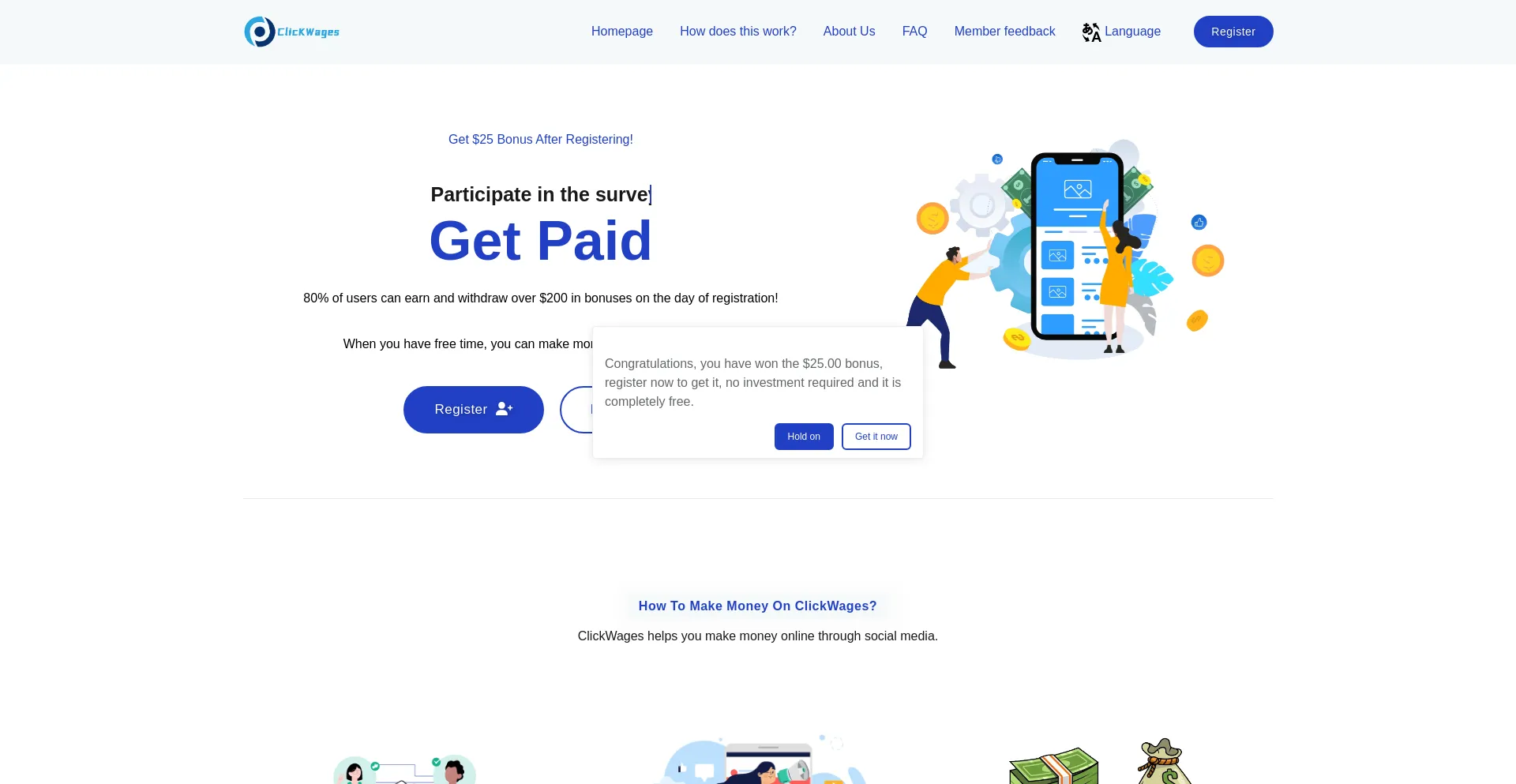 Website screenshot of Clickaygwages.buzz