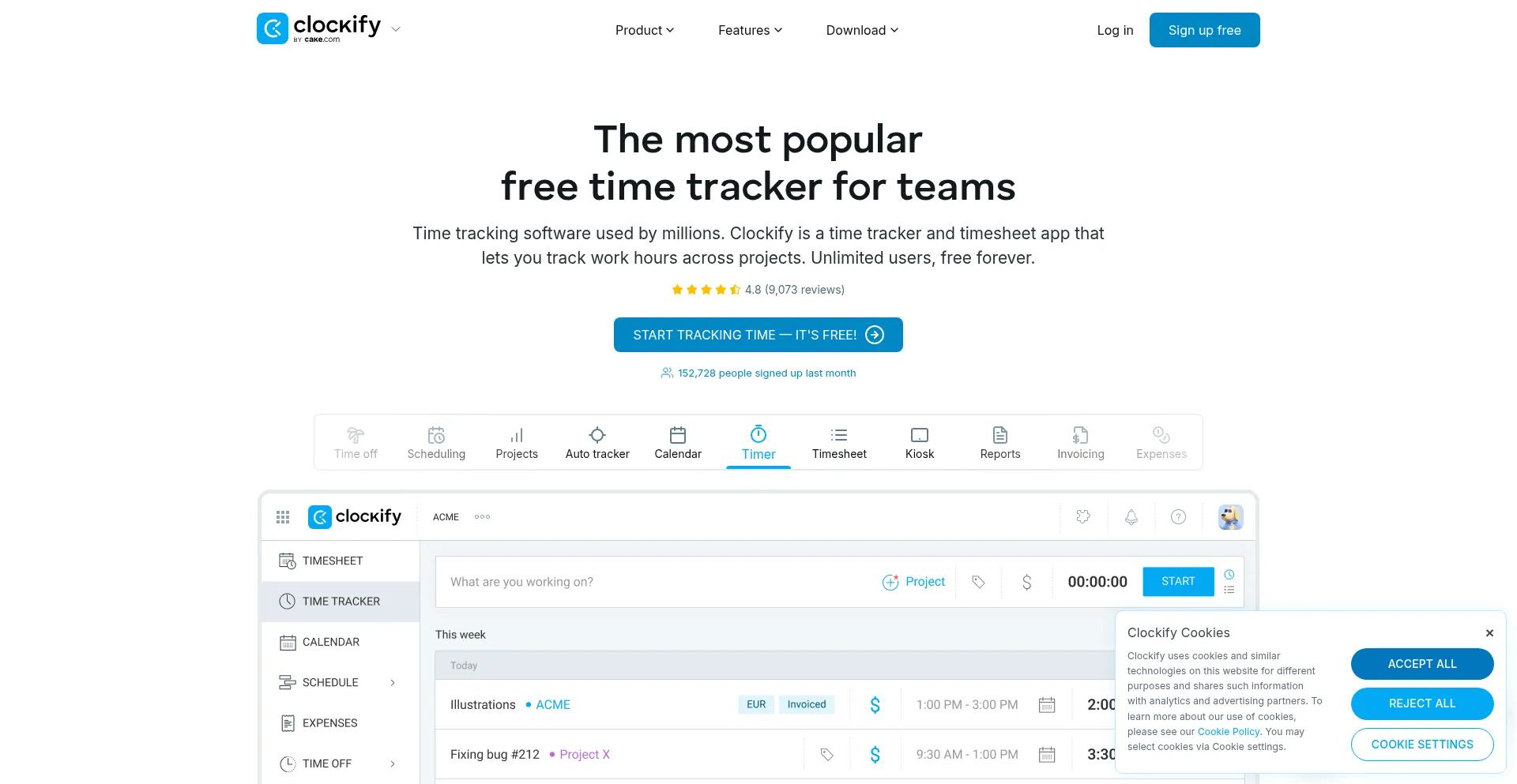 Website screenshot of Clockify.me