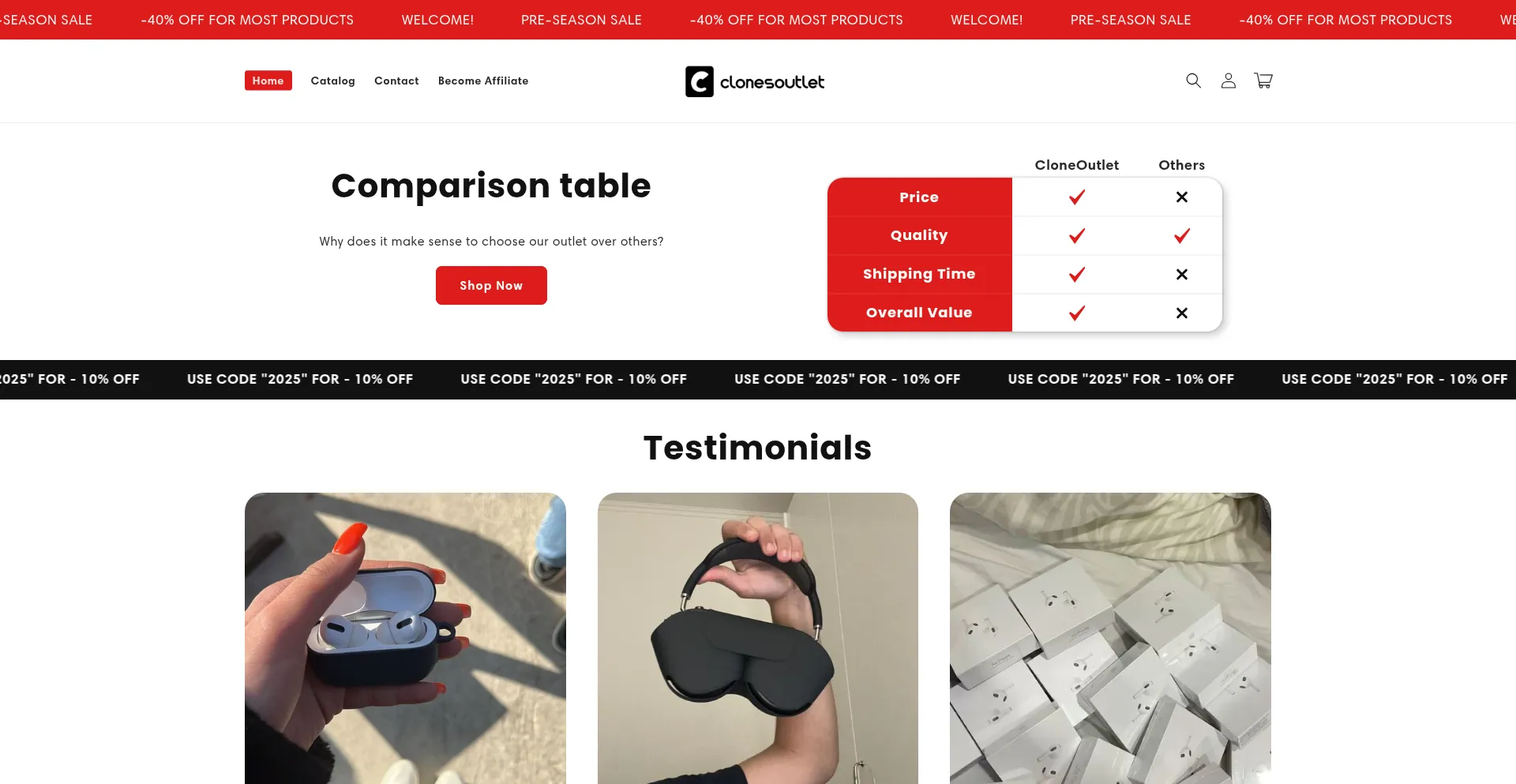 Website screenshot of Clone-outlet.shop