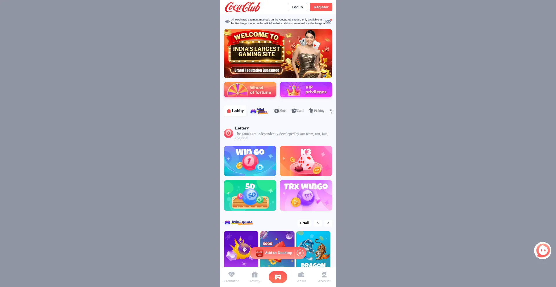 Website screenshot of Cocaclub.bet