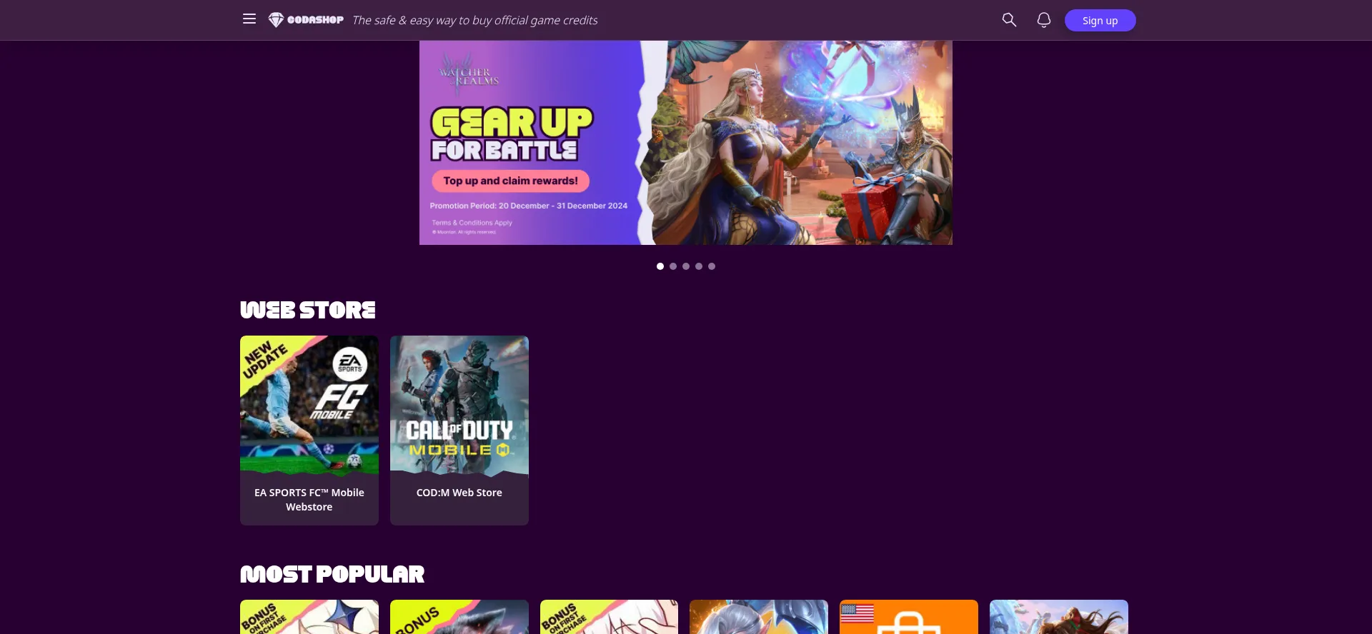 Website screenshot of Codashop.com