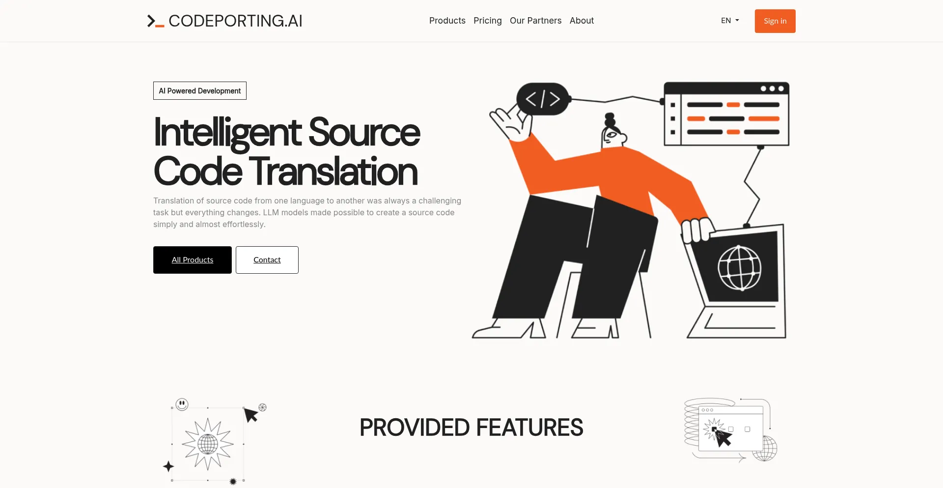 Website screenshot of Codeporting.ai