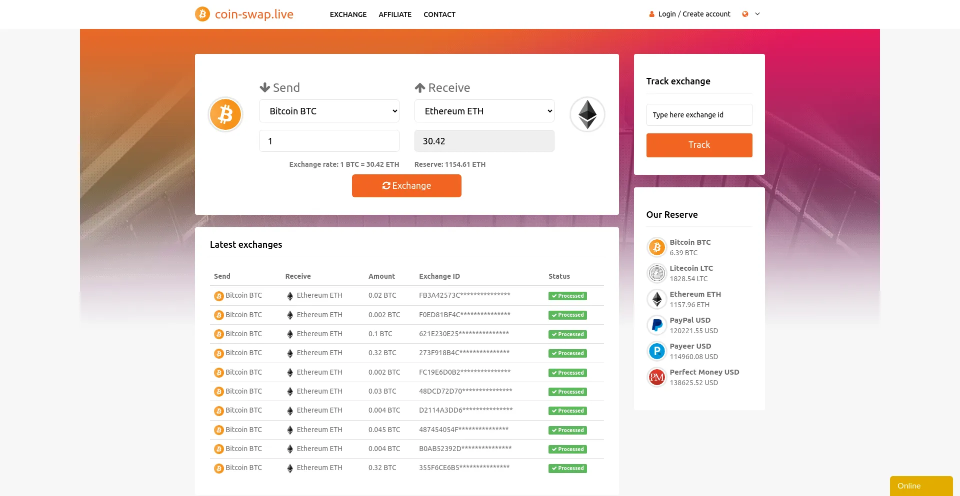 Website screenshot of Coin-swap.live
