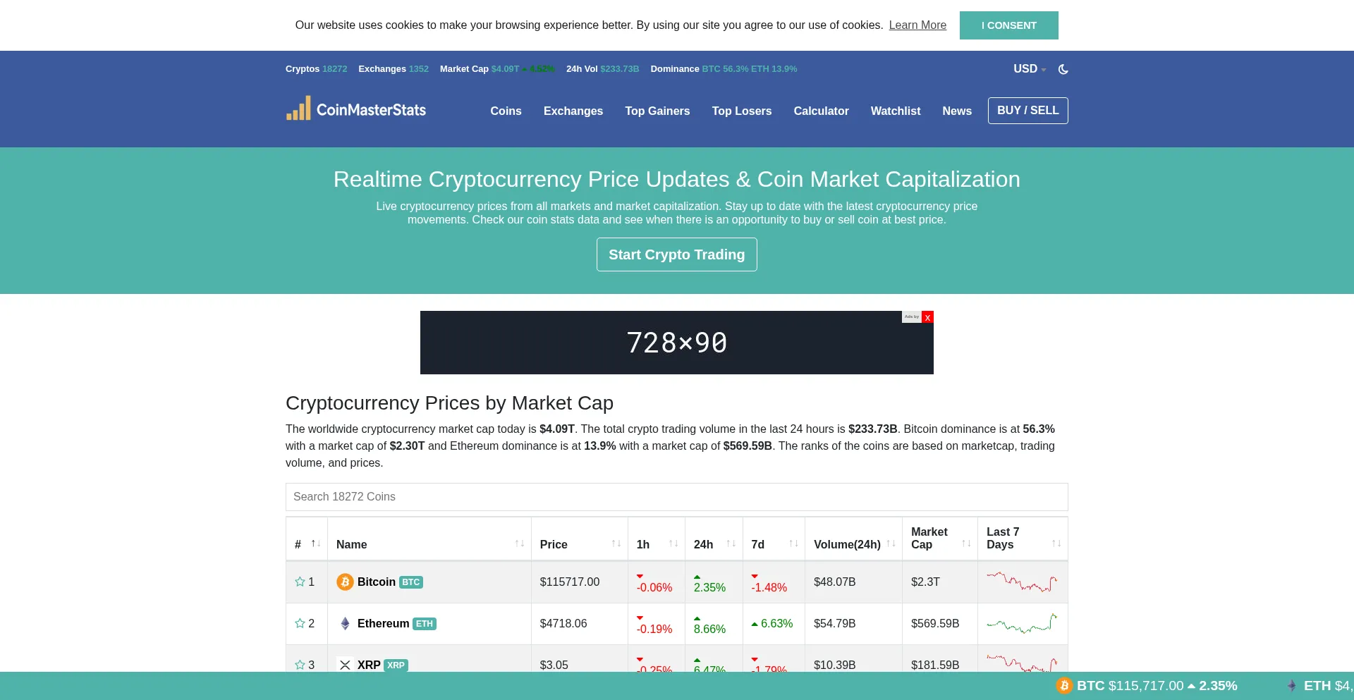 Website screenshot of Coinmasterstats.com
