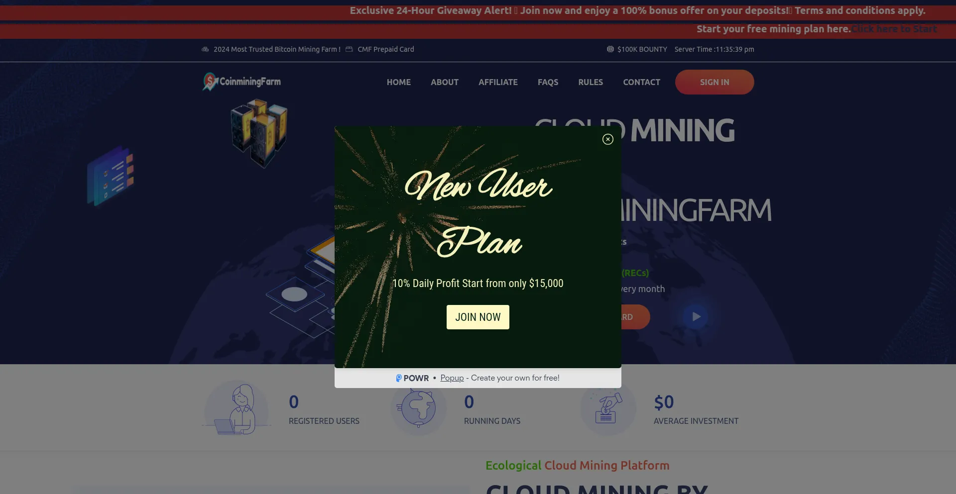 Website screenshot of Coinminingfarm.net