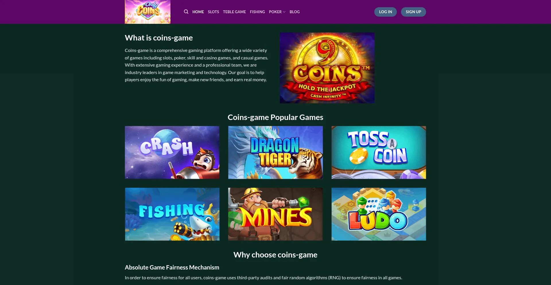 Website screenshot of Coins-game.xyz