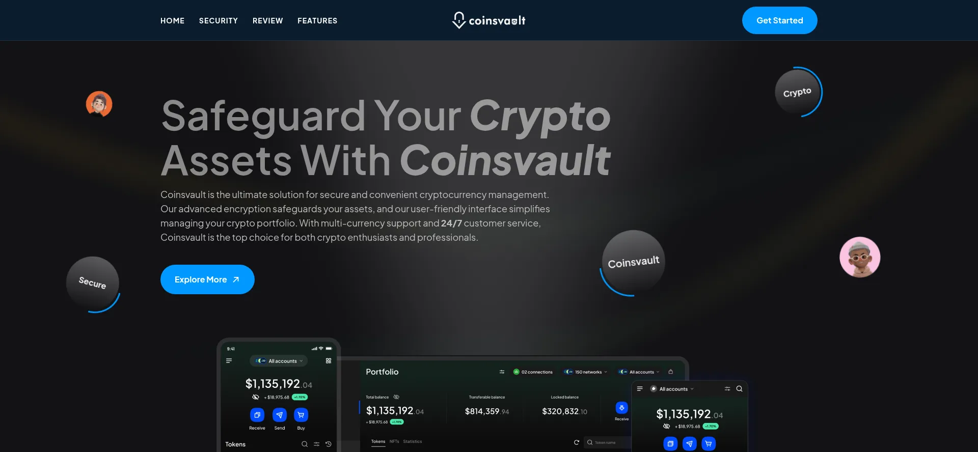 Website screenshot of Coinsvault.net