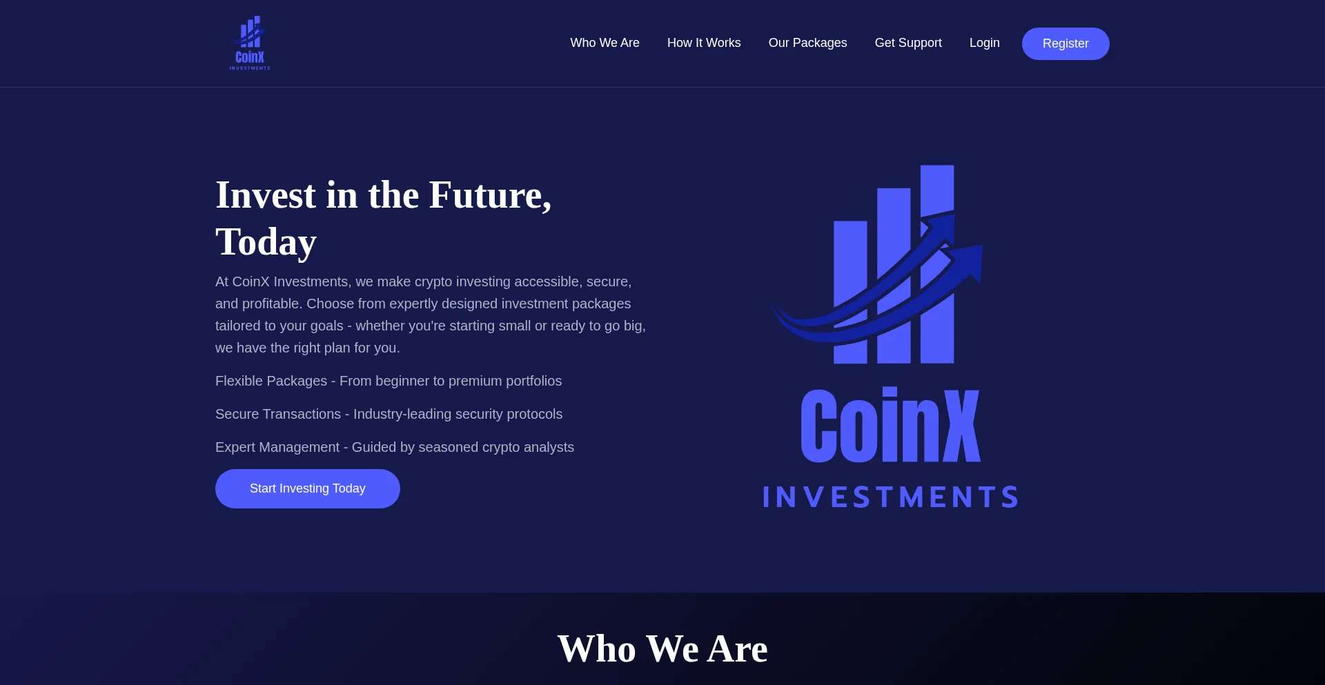 Website screenshot of Coinxinvestments.com