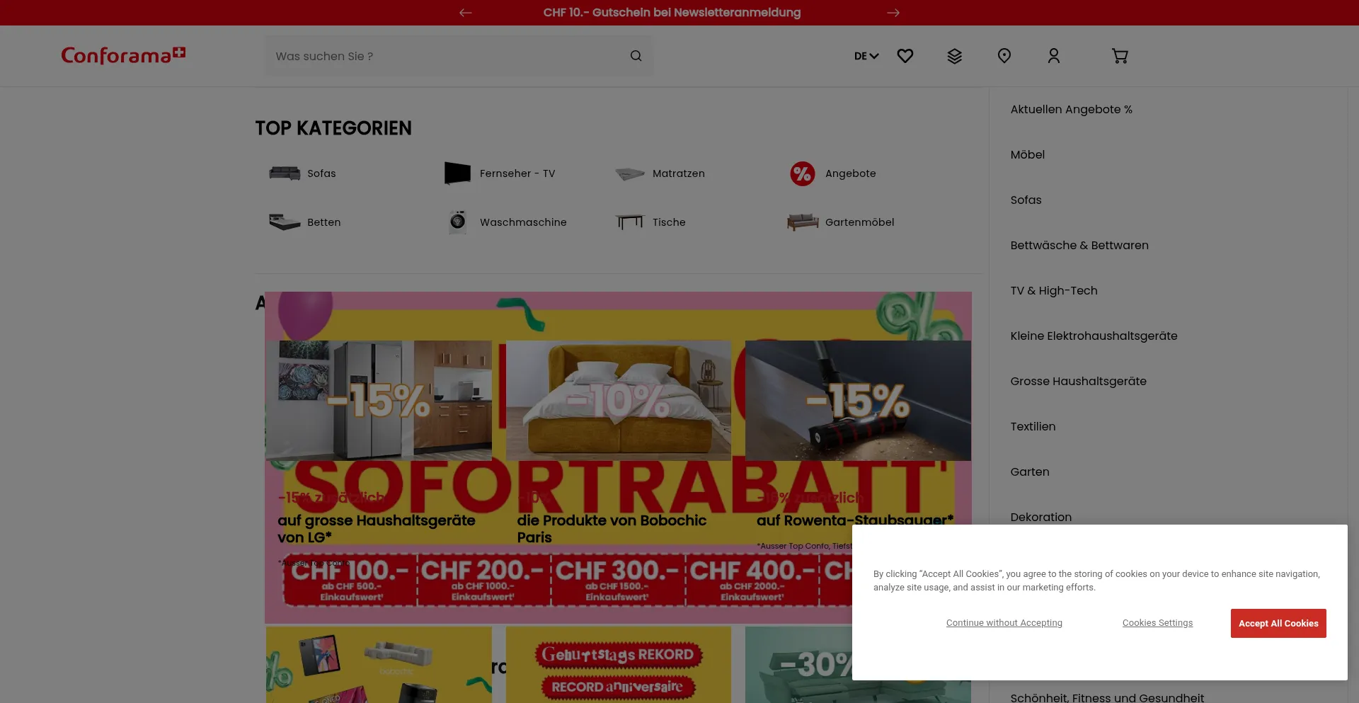 Website screenshot of Conforama.ch
