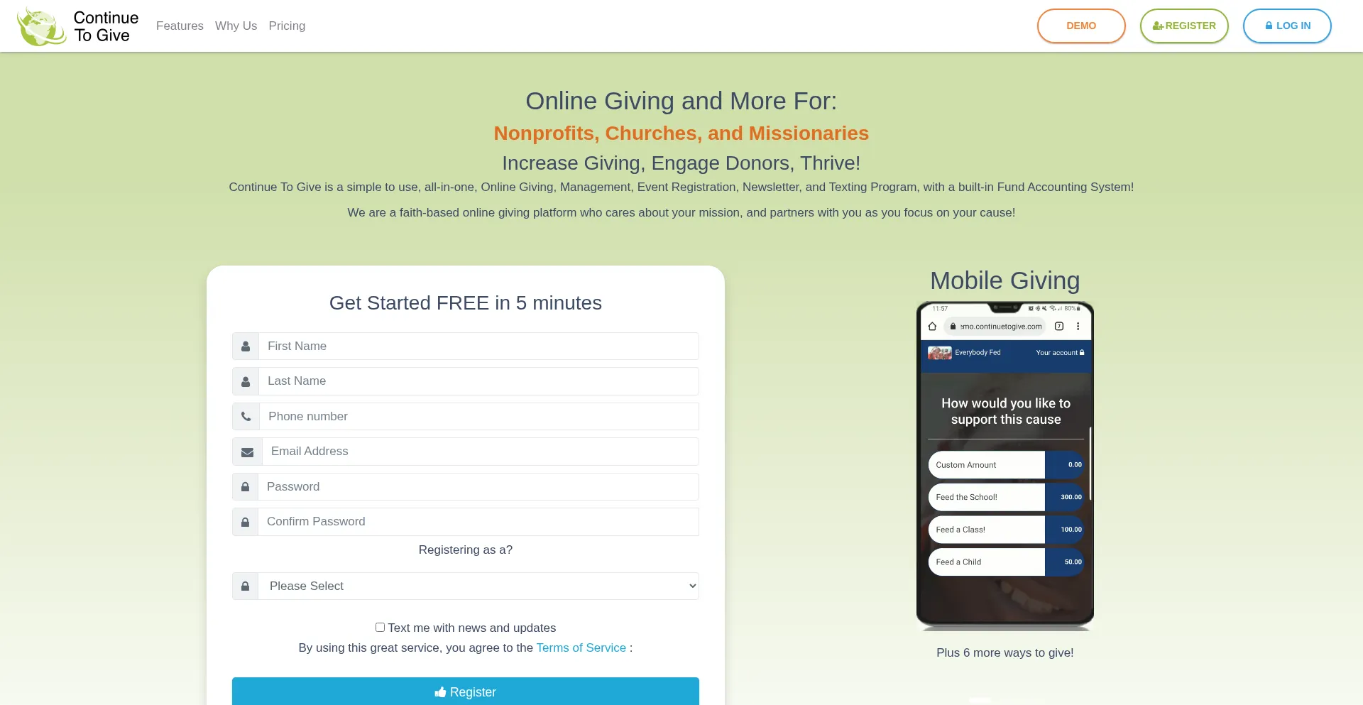 Website screenshot of Continuetogive.com
