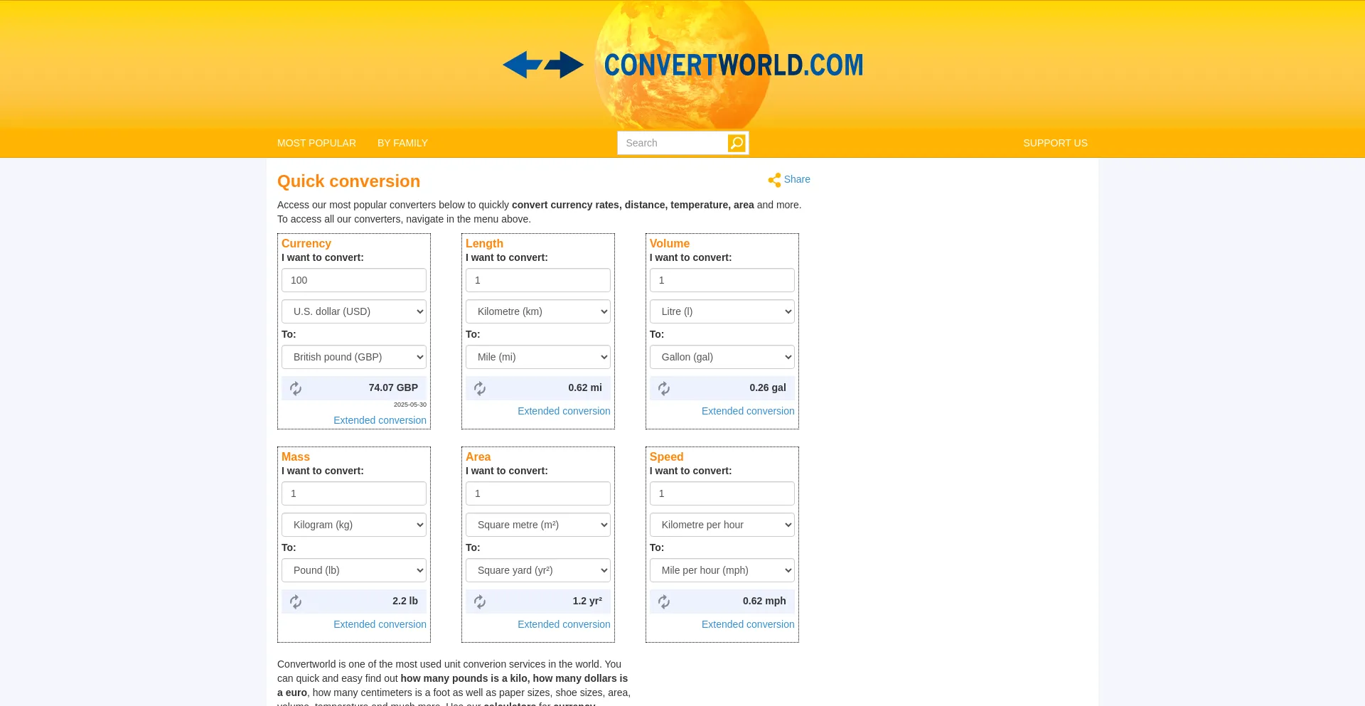 Website screenshot of Convertworld.com
