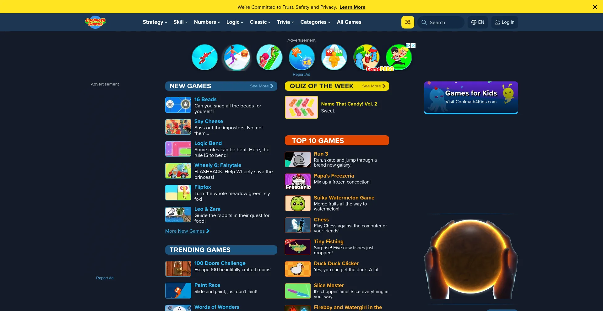 Website screenshot of Coolmathgames.com