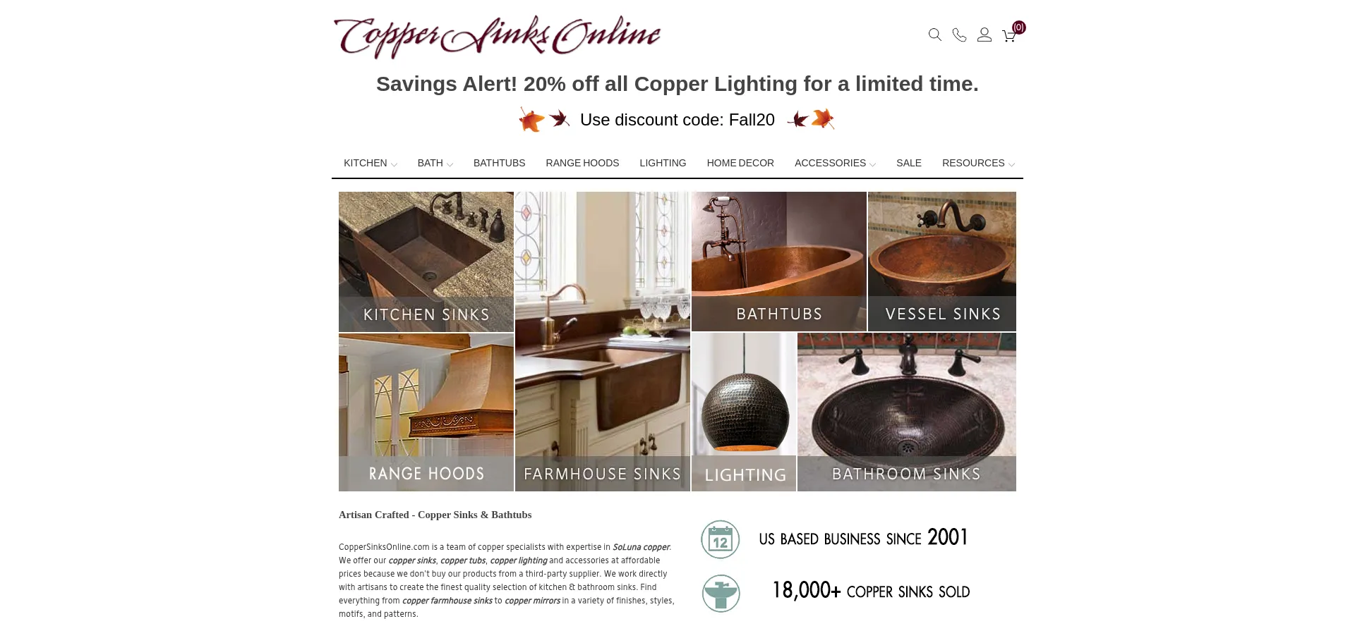 Website screenshot of Coppersinksonline.com