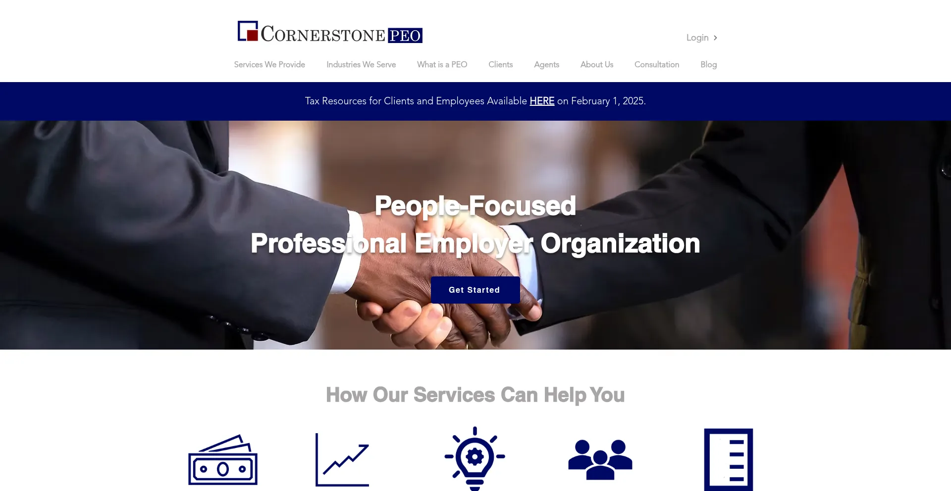 Website screenshot of Cornerstonepeo.com