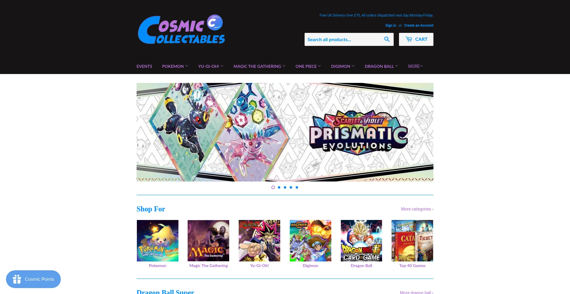 Website screenshot of Cosmiccollectables.co.uk