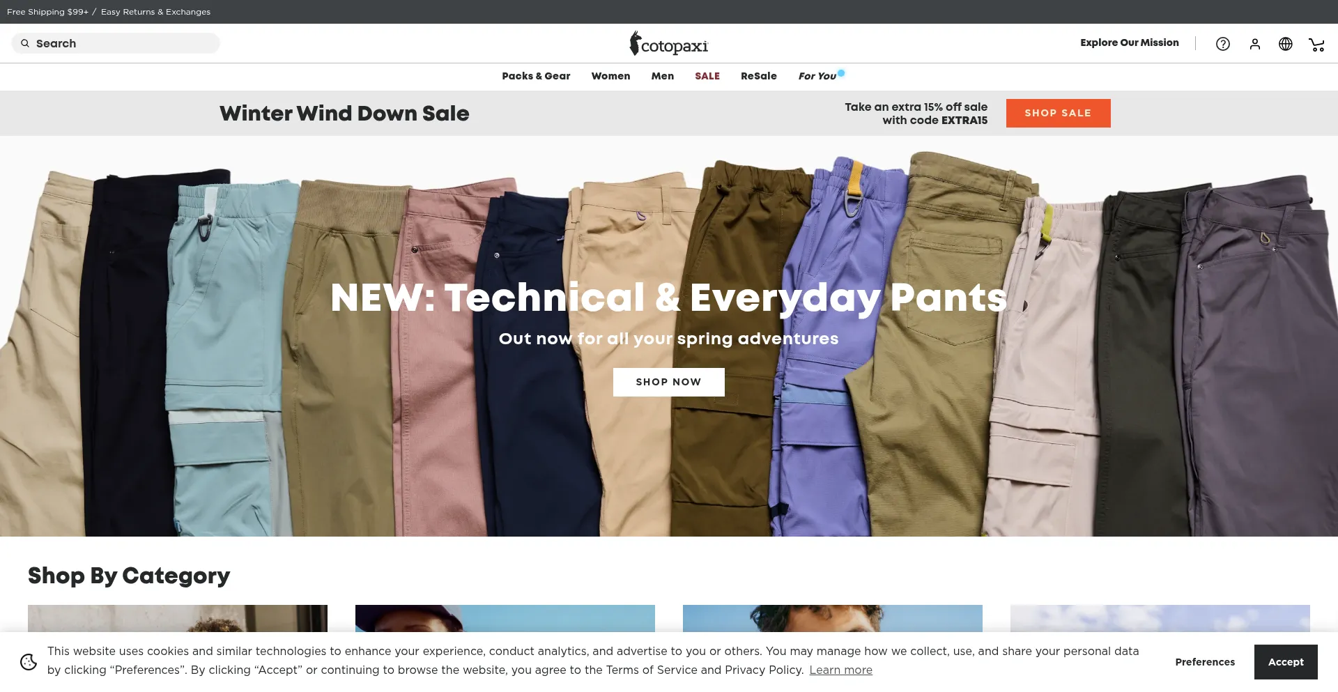 Website screenshot of Cotopaxi.com