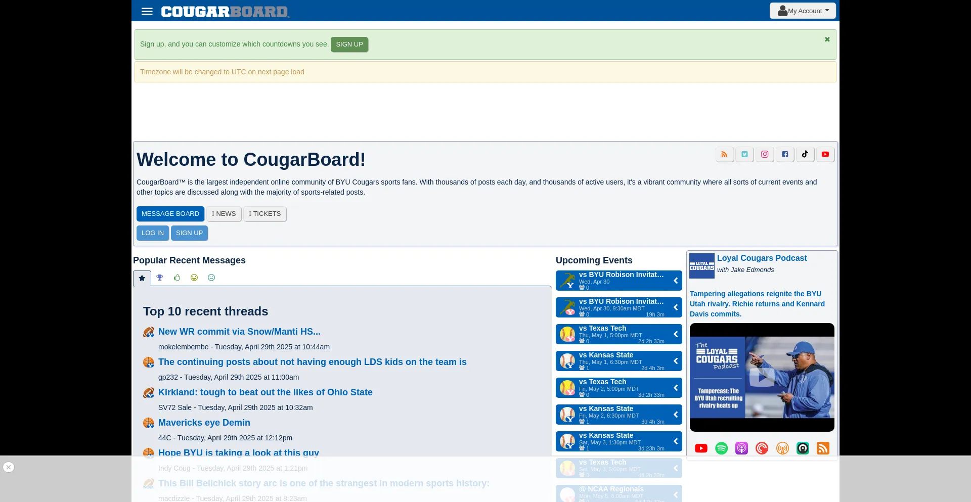 Website screenshot of Cougarboard.com