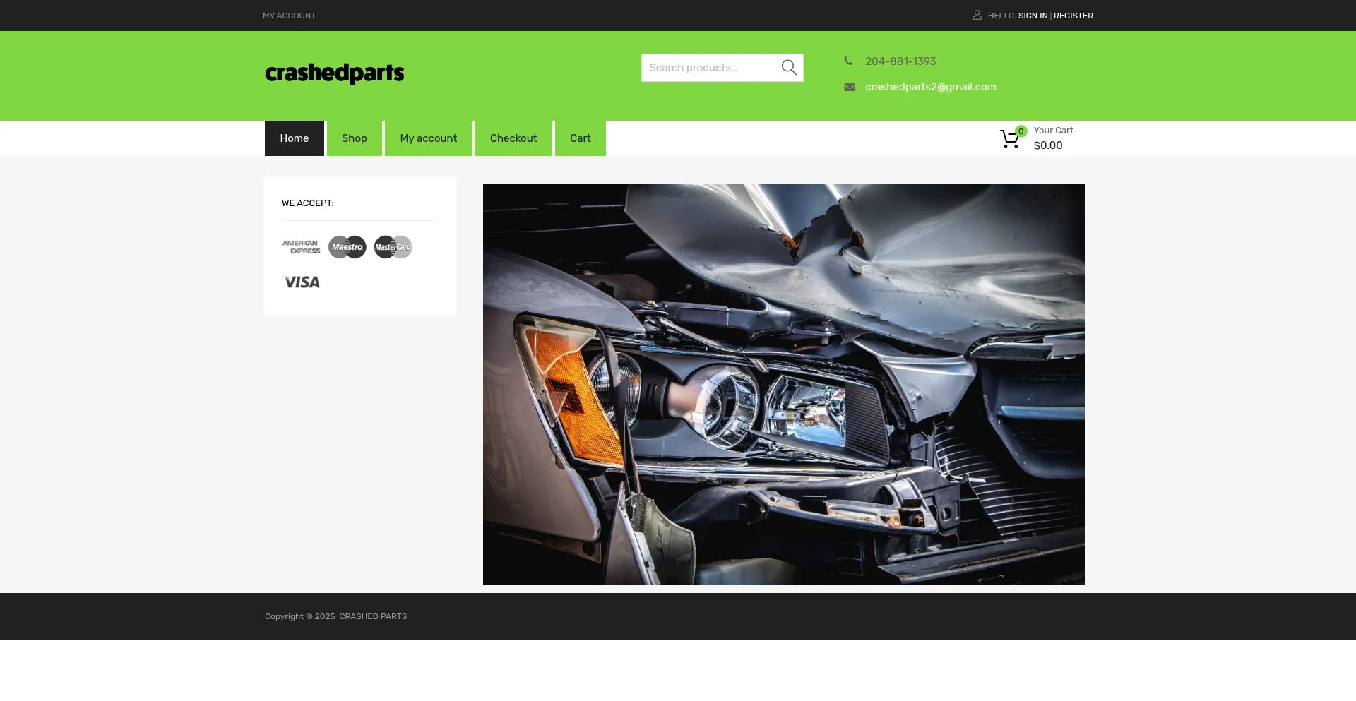 Website screenshot of Crashedparts.com
