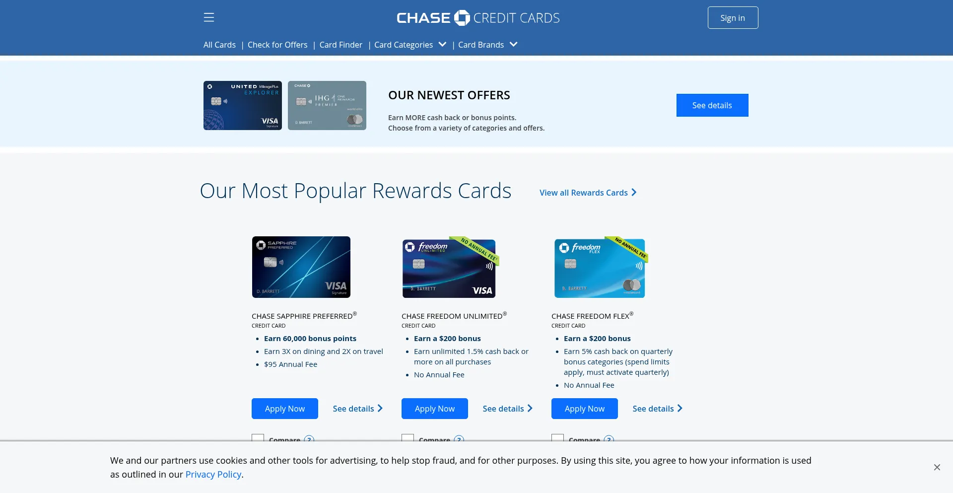 Website screenshot of Creditcards.chase.com