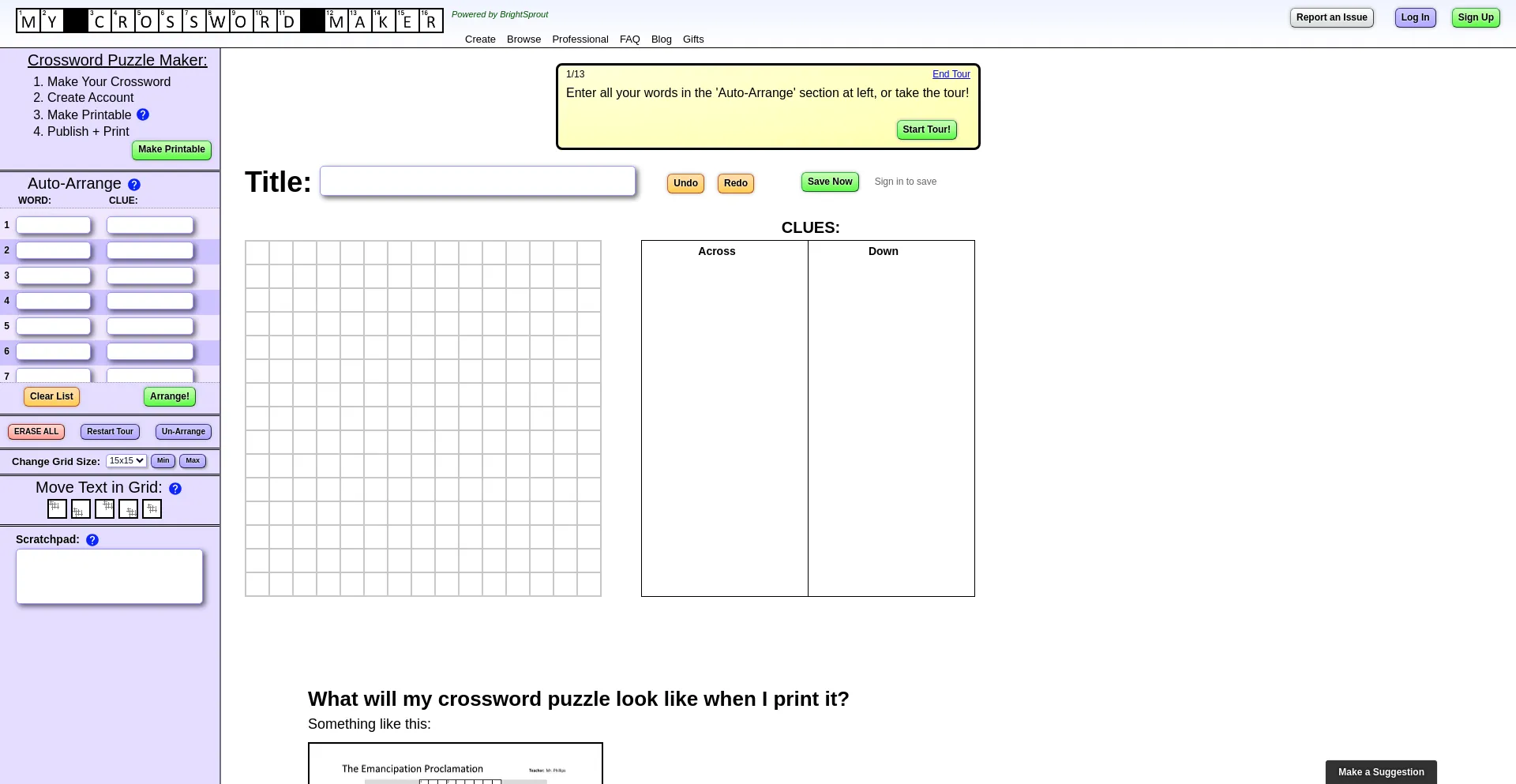 Website screenshot of Crosswords.brightsprout.com