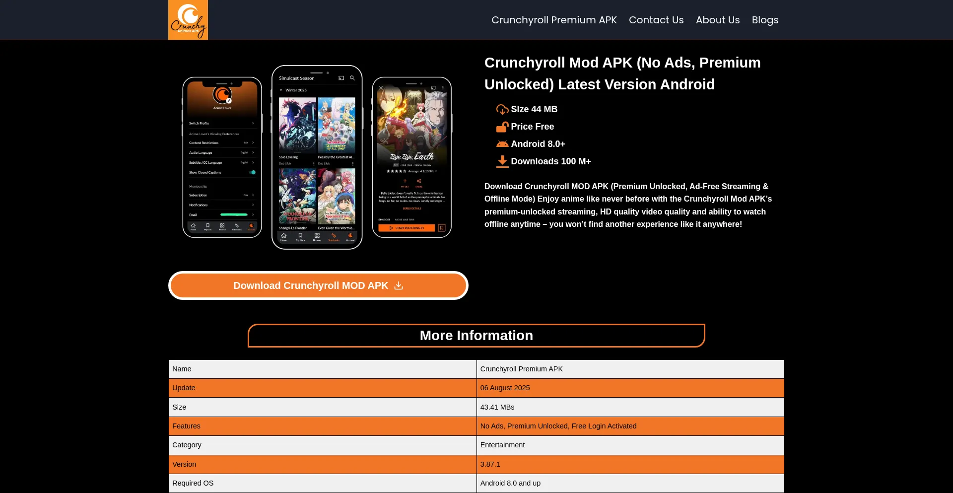 Website screenshot of Crunchyanimesapk.com