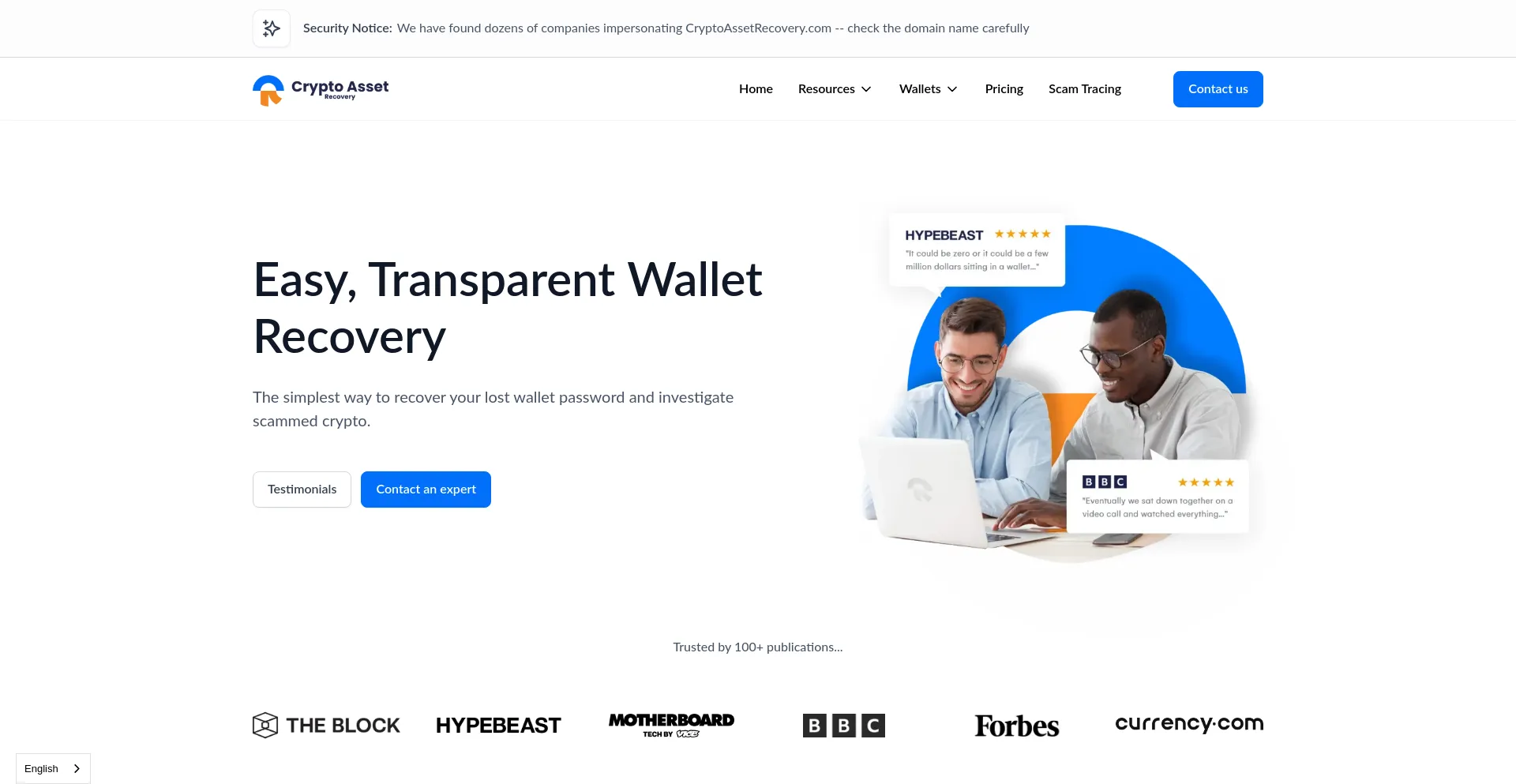 Website screenshot of Cryptoassetrecovery.com
