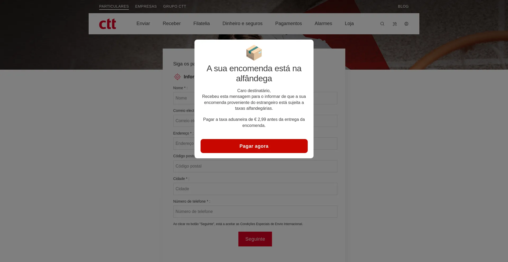 Website screenshot of Ctt-expresso-envio.com