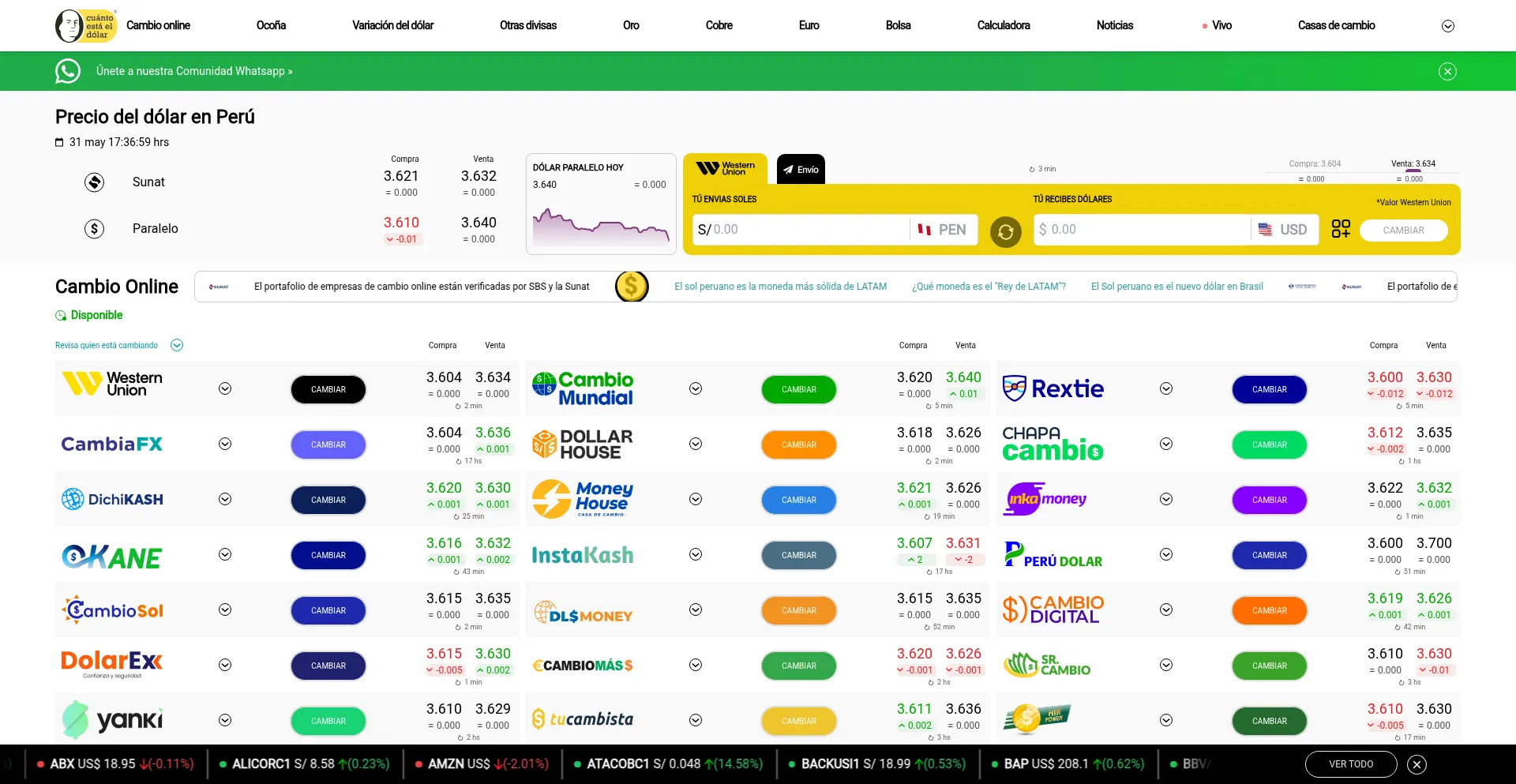 Website screenshot of Cuantoestaeldolar.pe