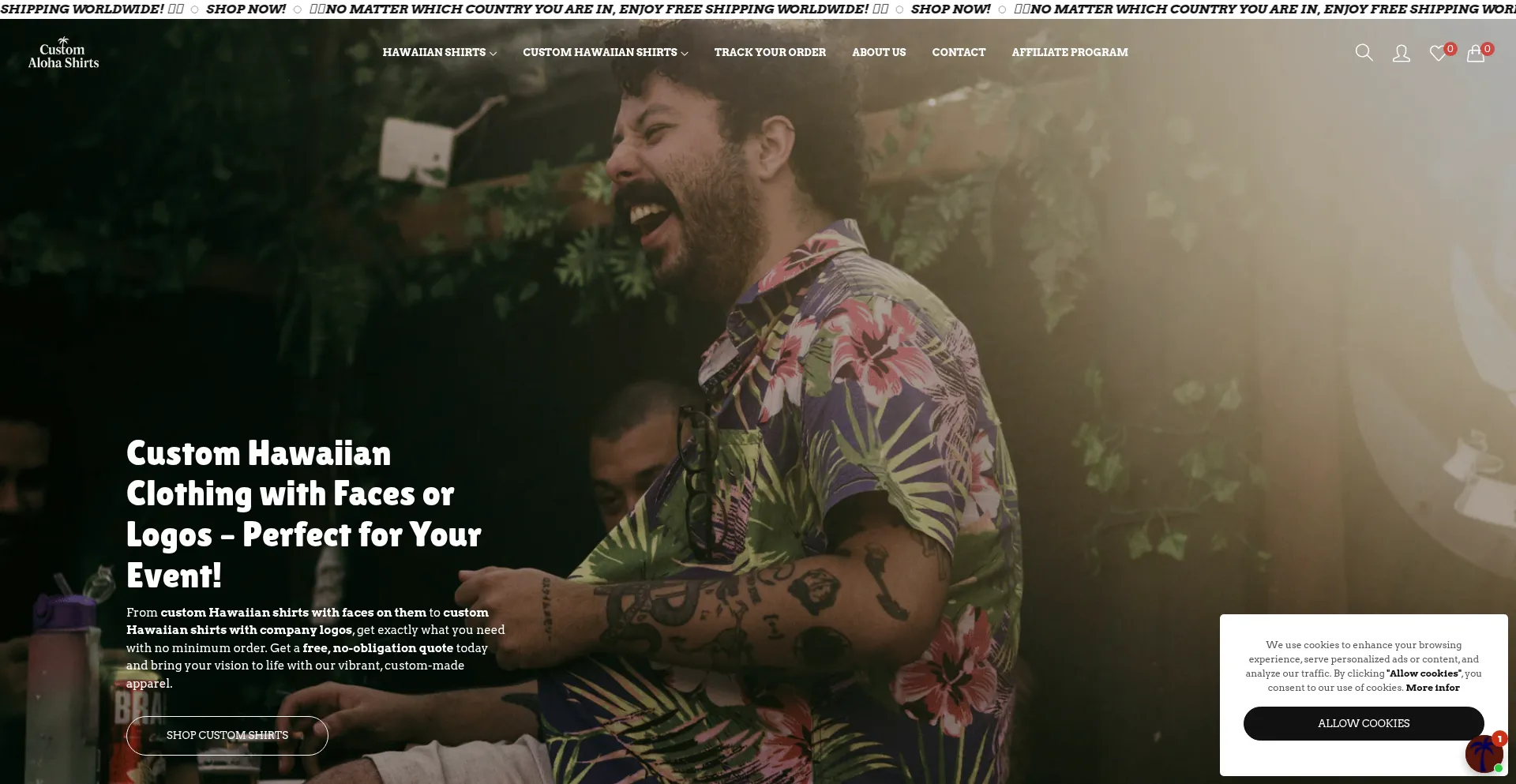 Website screenshot of Customalohashirts.com