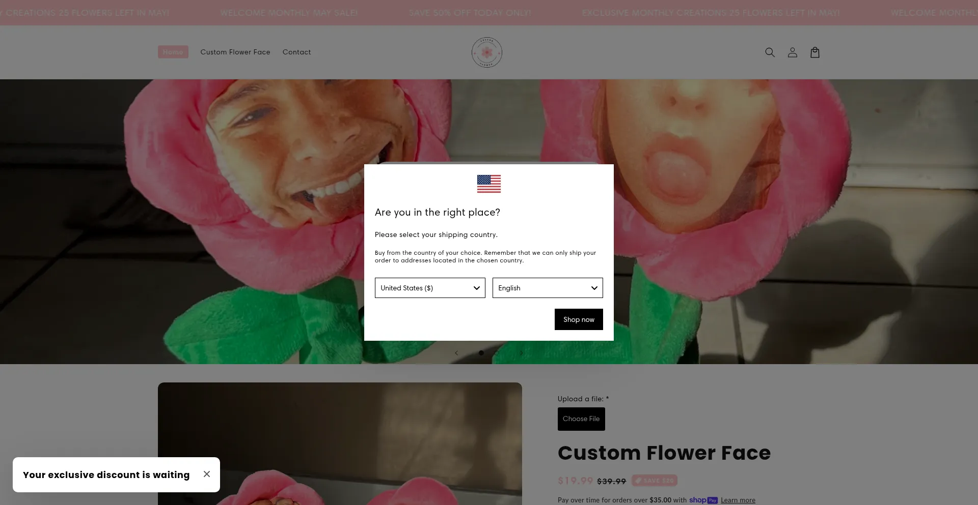 Website screenshot of Customflowerface.com