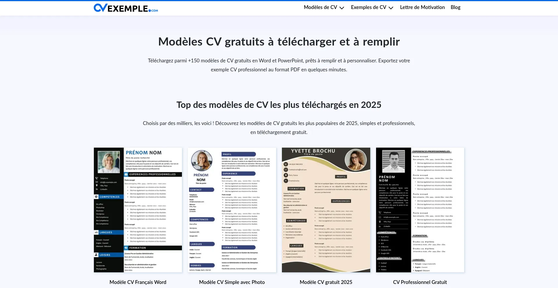Website screenshot of Cvexemple.com