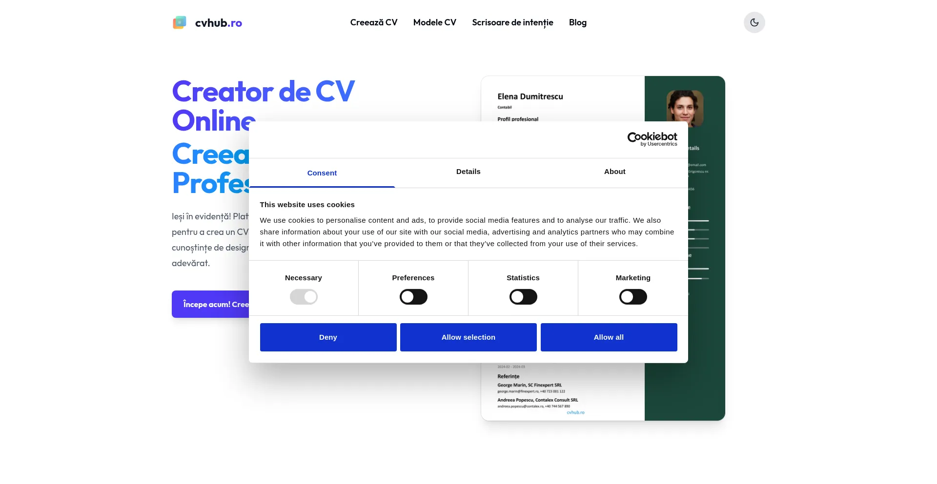 Website screenshot of Cvhub.ro