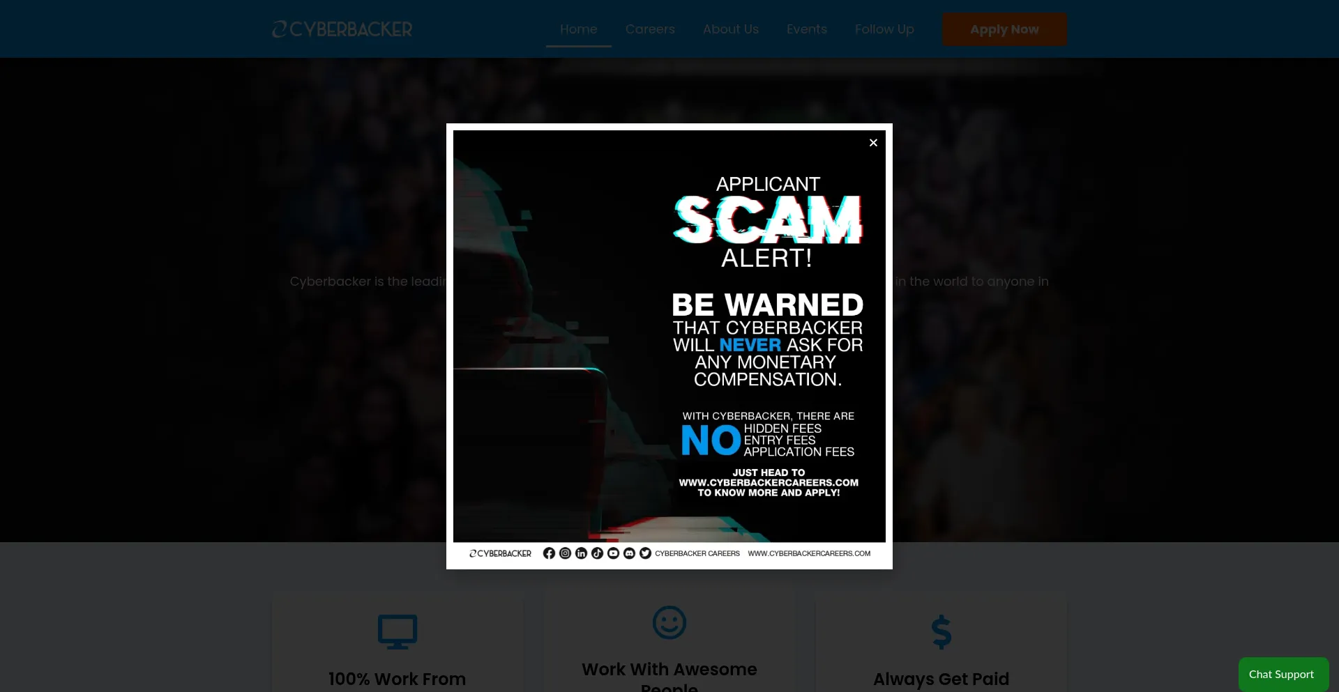 Website screenshot of Cyberbackercareers.com