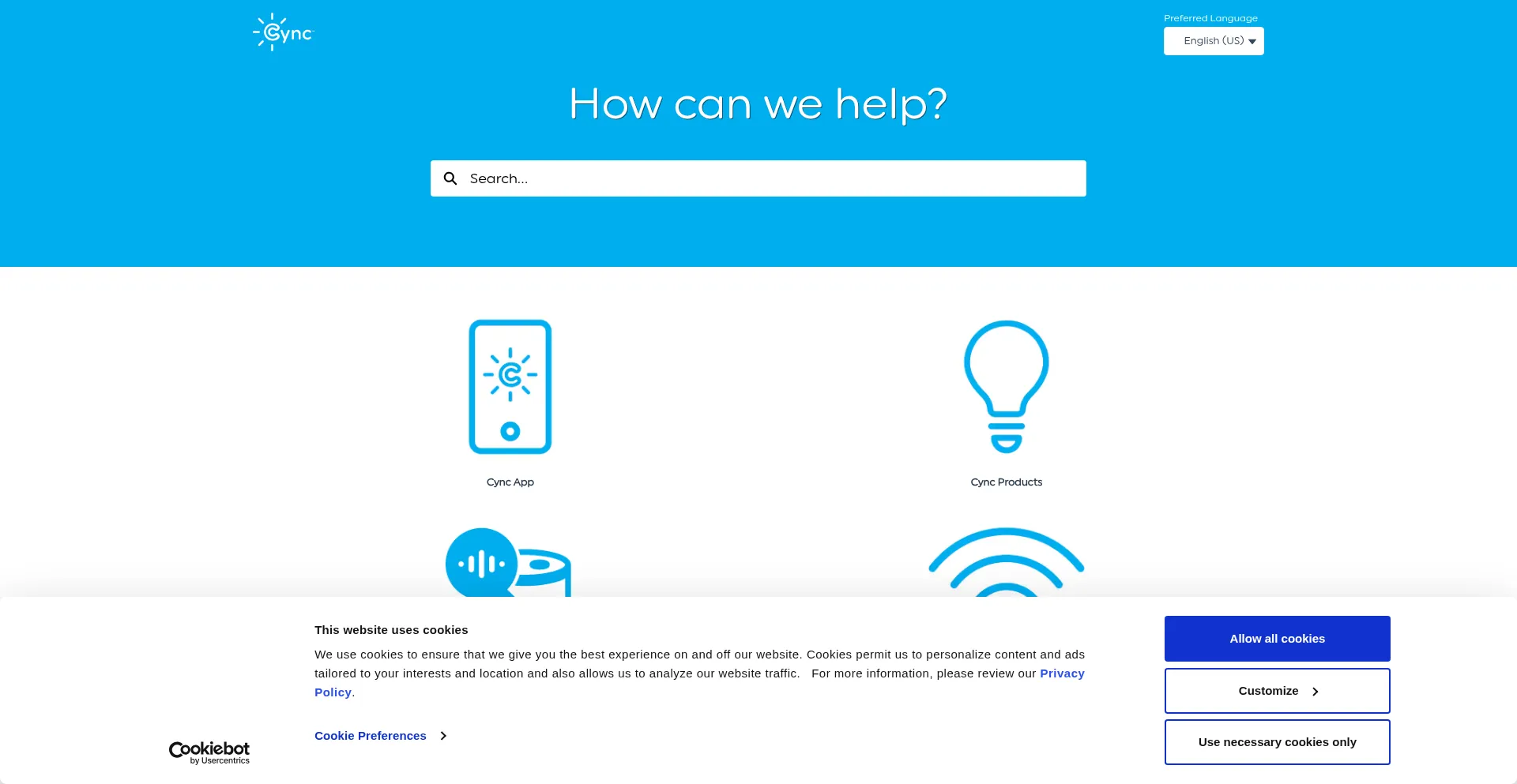Website screenshot of Cyncsupport.gelighting.com