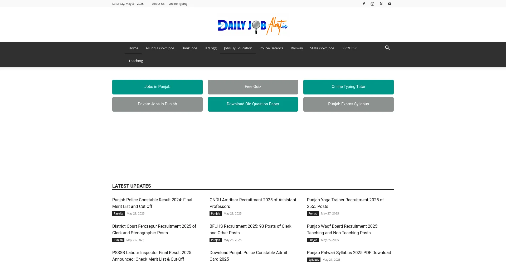 Website screenshot of Dailyjobalert.in